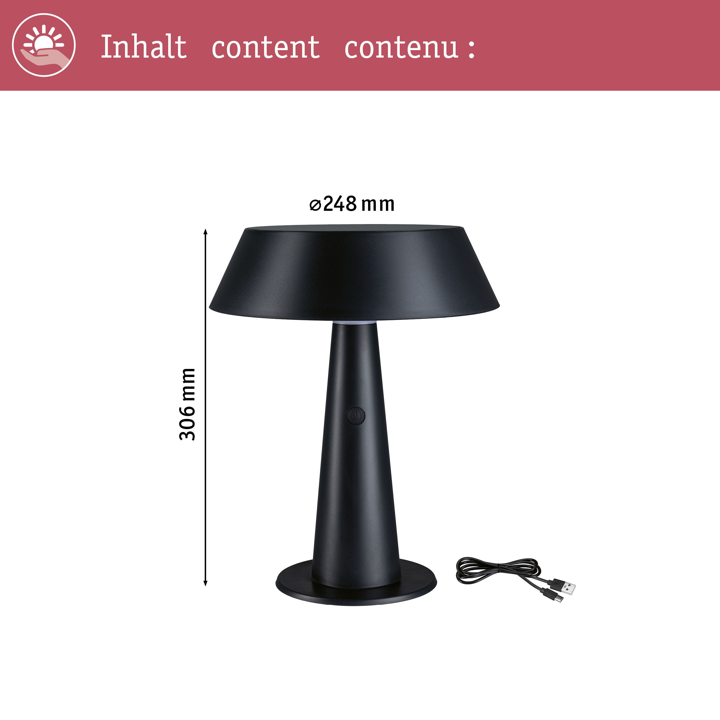 Czarna lampa stołowa z kablem USB. Wysokość 306mm, Ø 248mm.