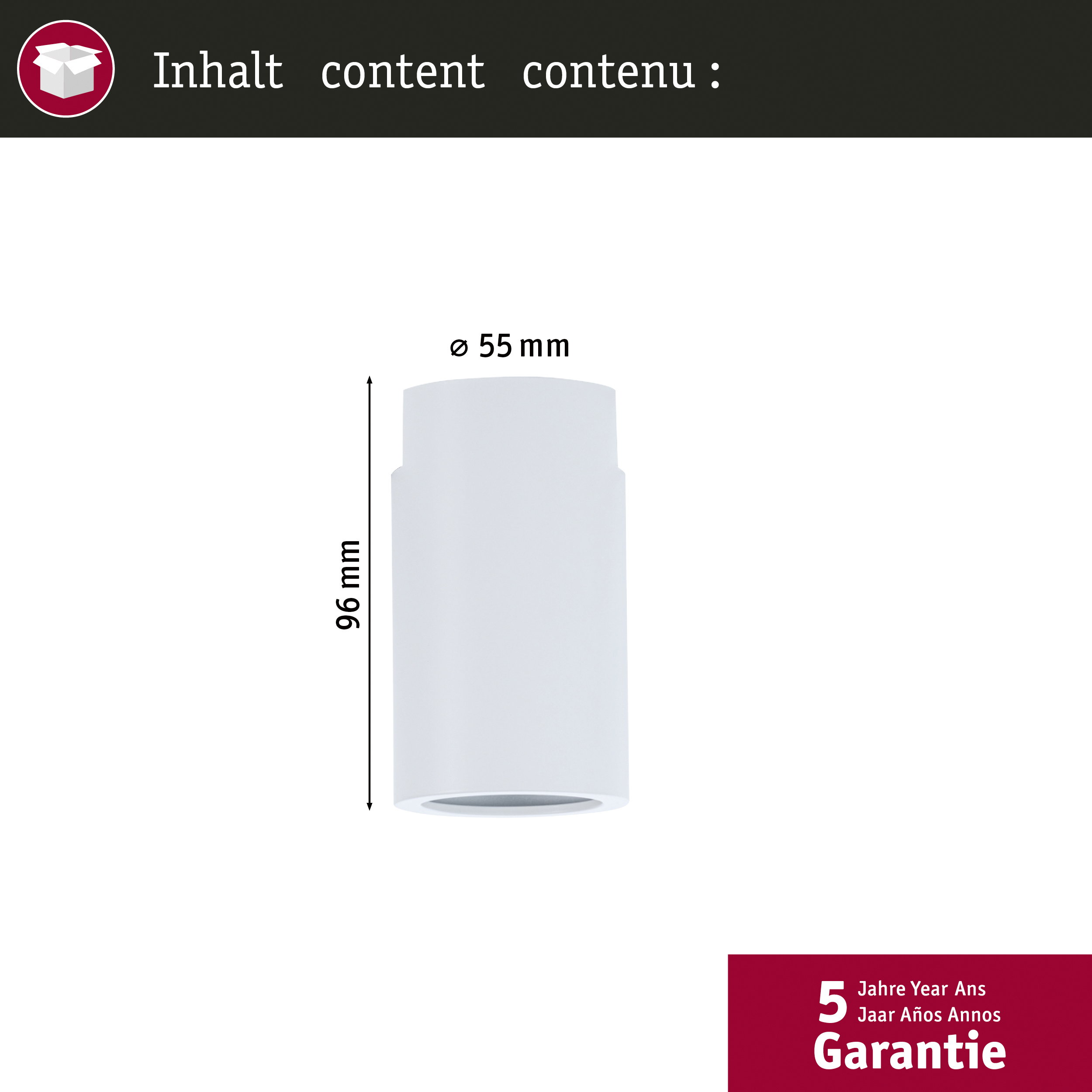 Weißer Zylinder, 55mm Durchmesser, 96mm Höhe. Garantie 5 Jahre.