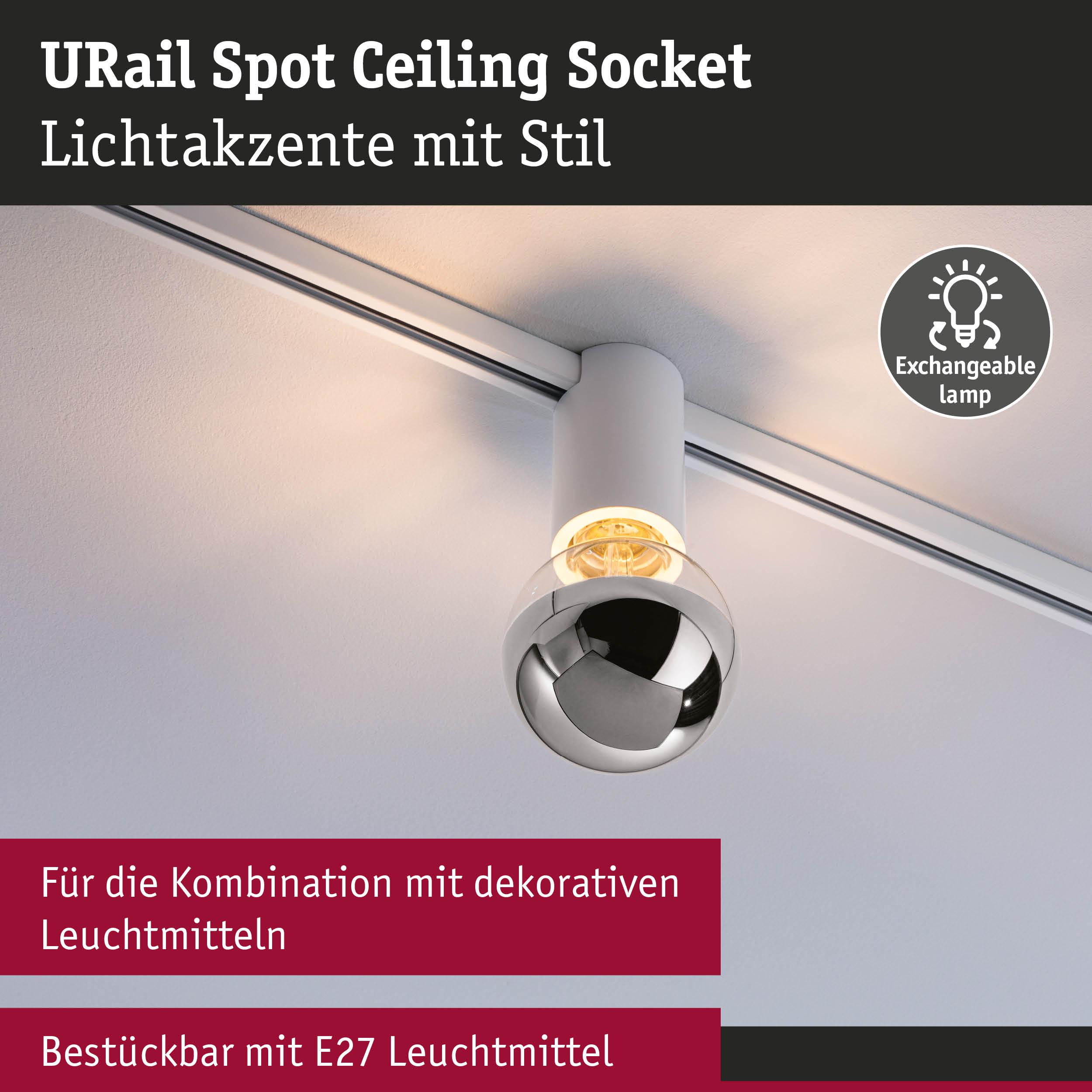 Eine weiße Deckenleuchte mit silbernem Reflektor an einer Schiene.