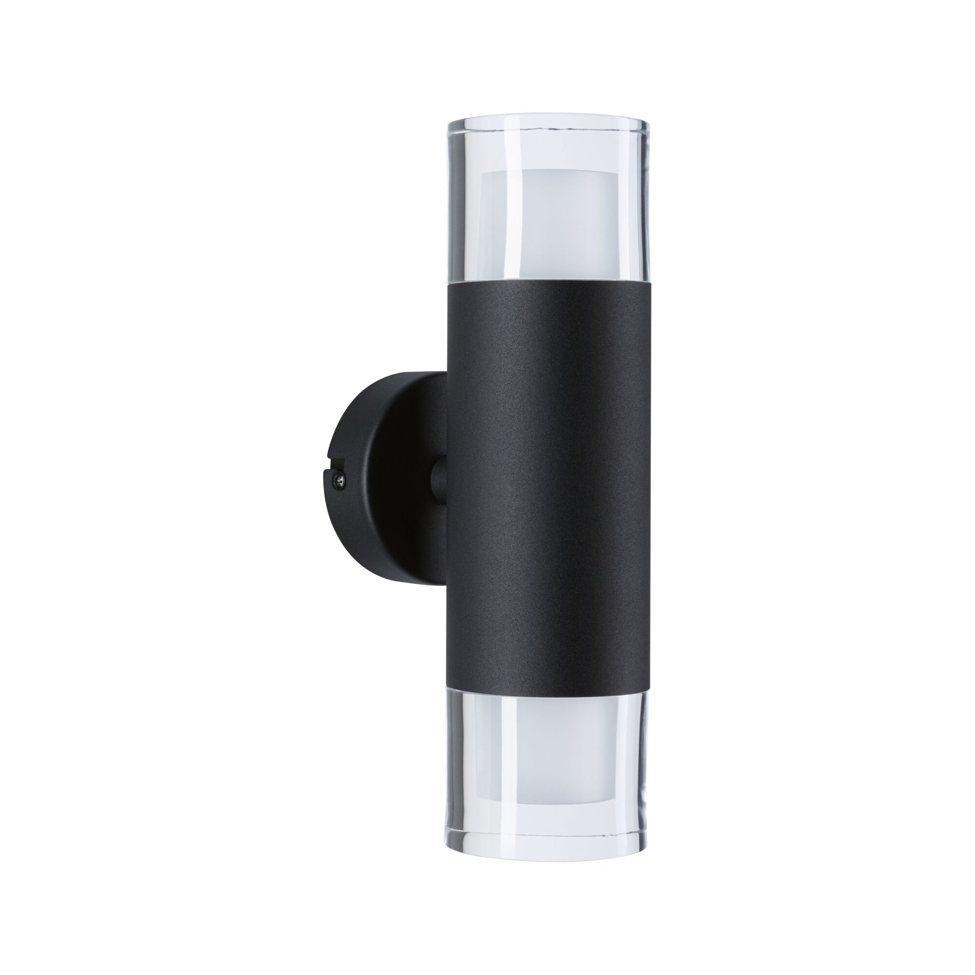 Eine moderne schwarze Außenwandleuchte mit zylindrischem Glasschirm.