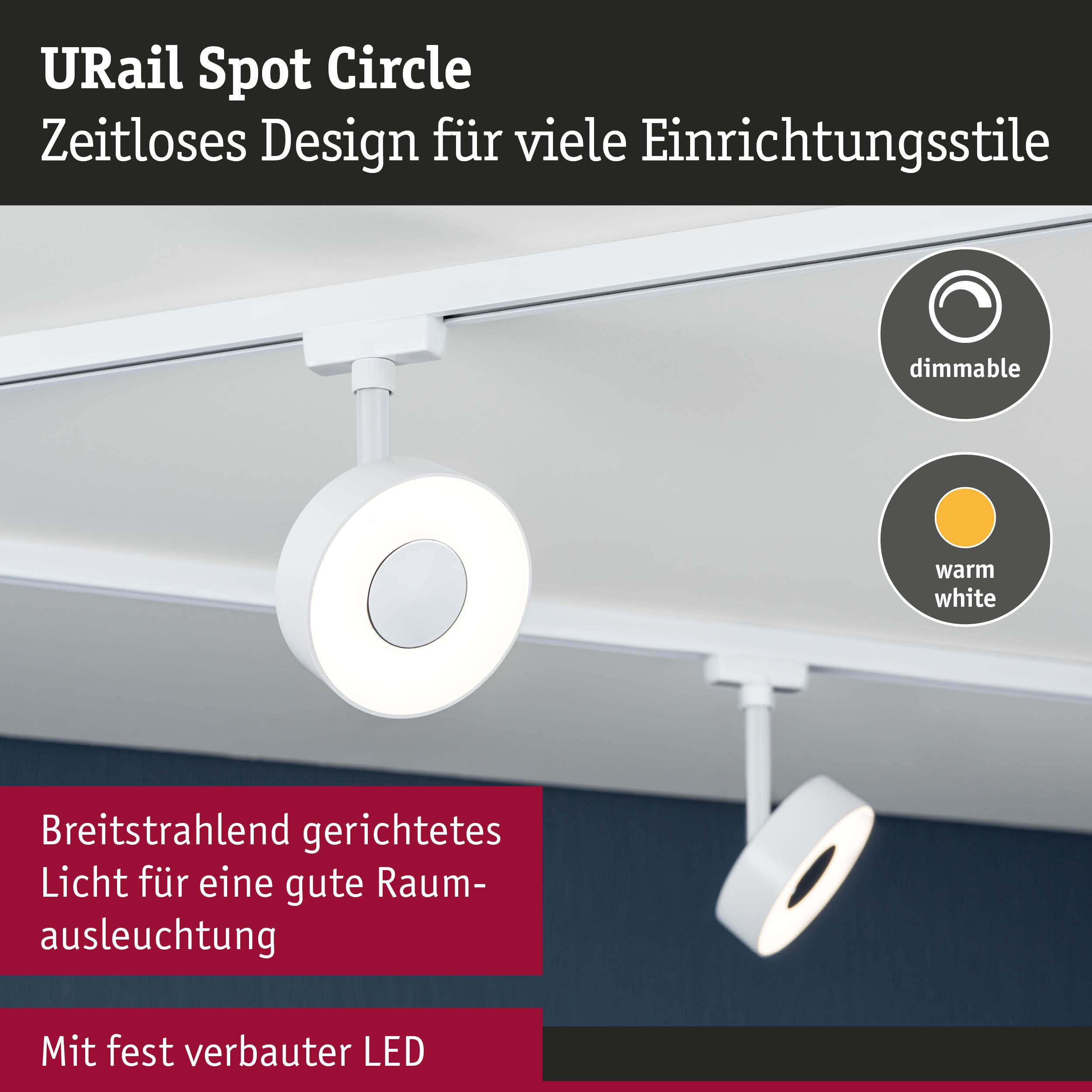 Weiße U-Schienen-Spots mit warmer LED-Beleuchtung, dimmbar.