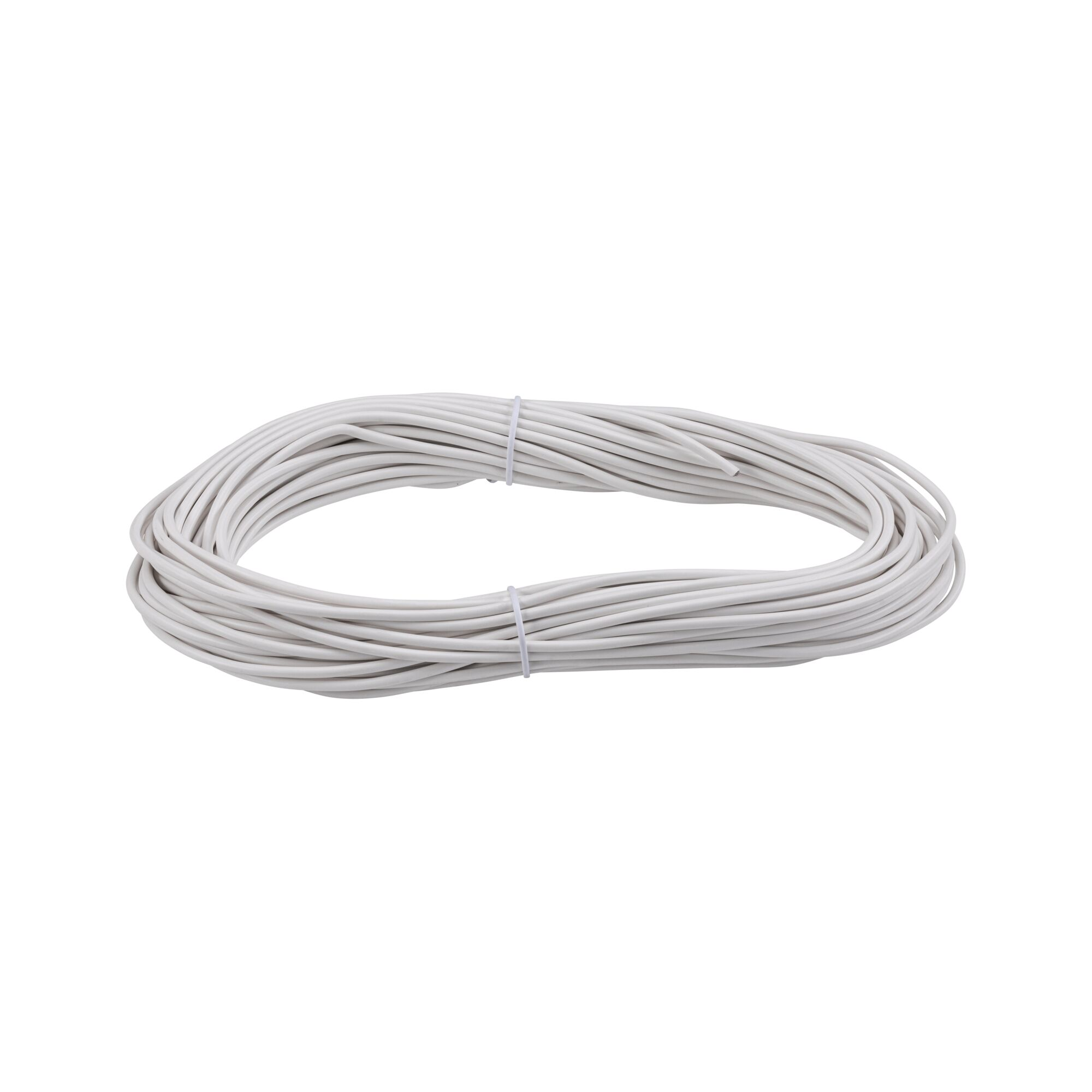 Ein aufgerollter Strang weißer Kabel, mit zwei weißen Kabelbindern zusammengehalten.
