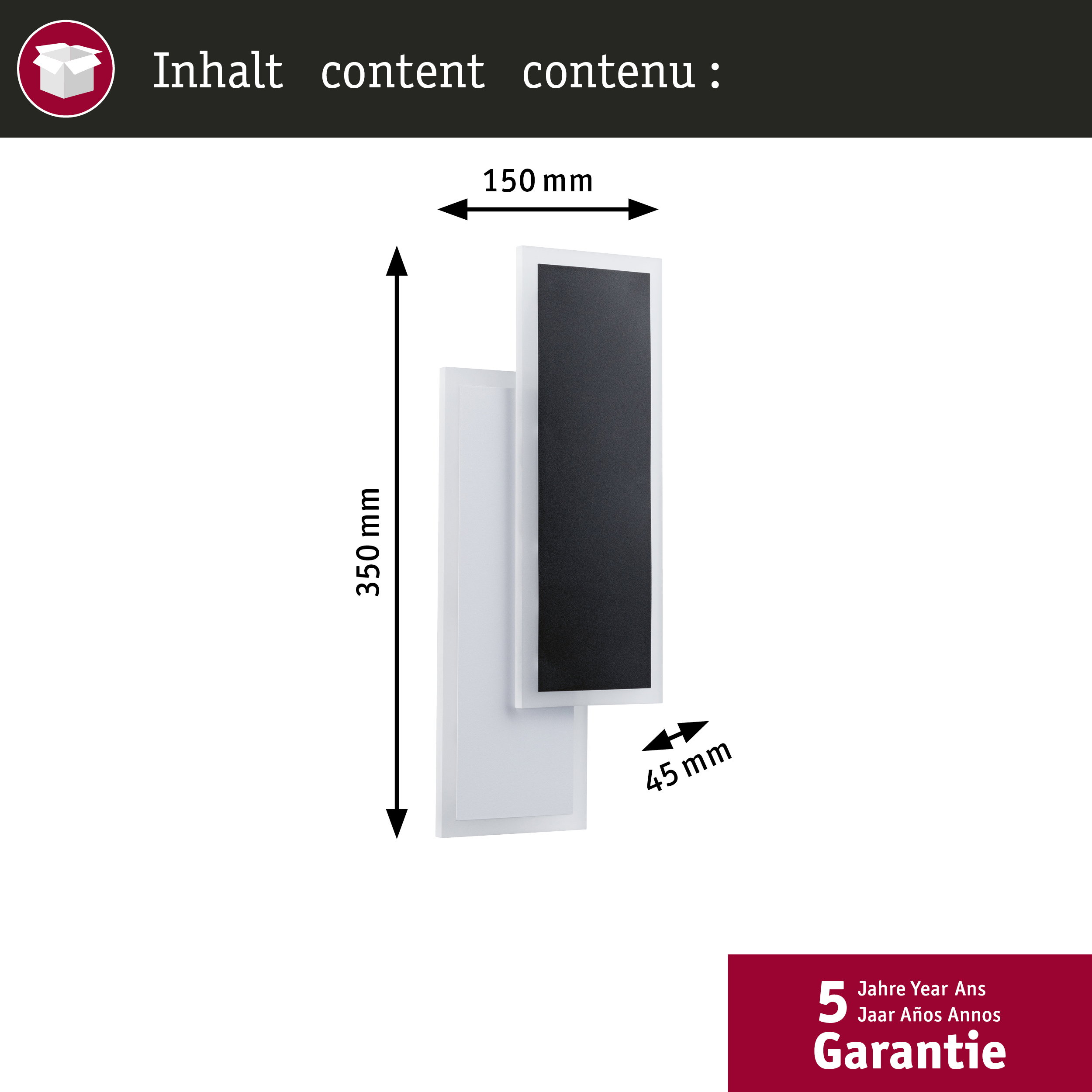 Biały obiekt z czarnymi akcentami, wysokość 350 mm, szerokość 150 mm.