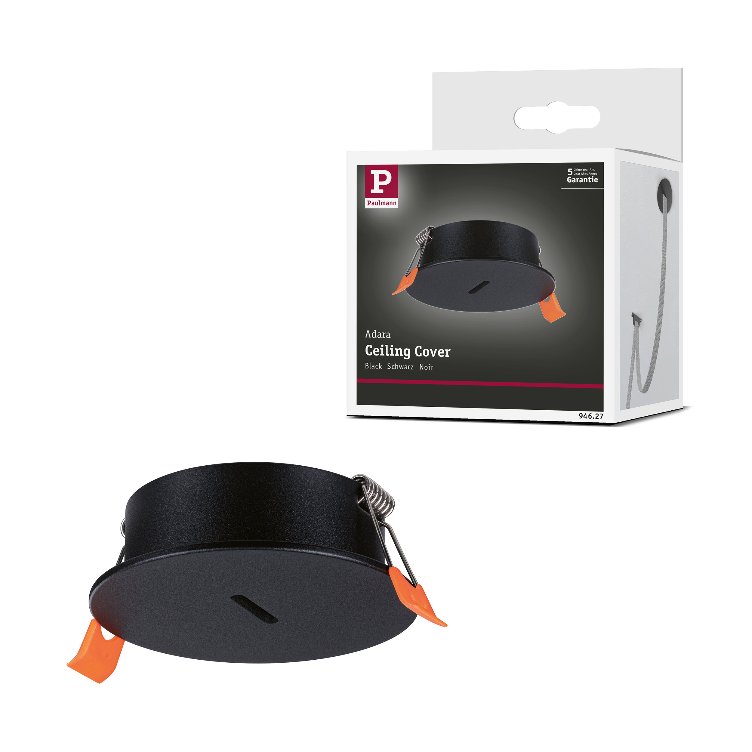 Czarna osłona sufitowa Paulmann z pomarańczowymi klipsami i sprężynami.