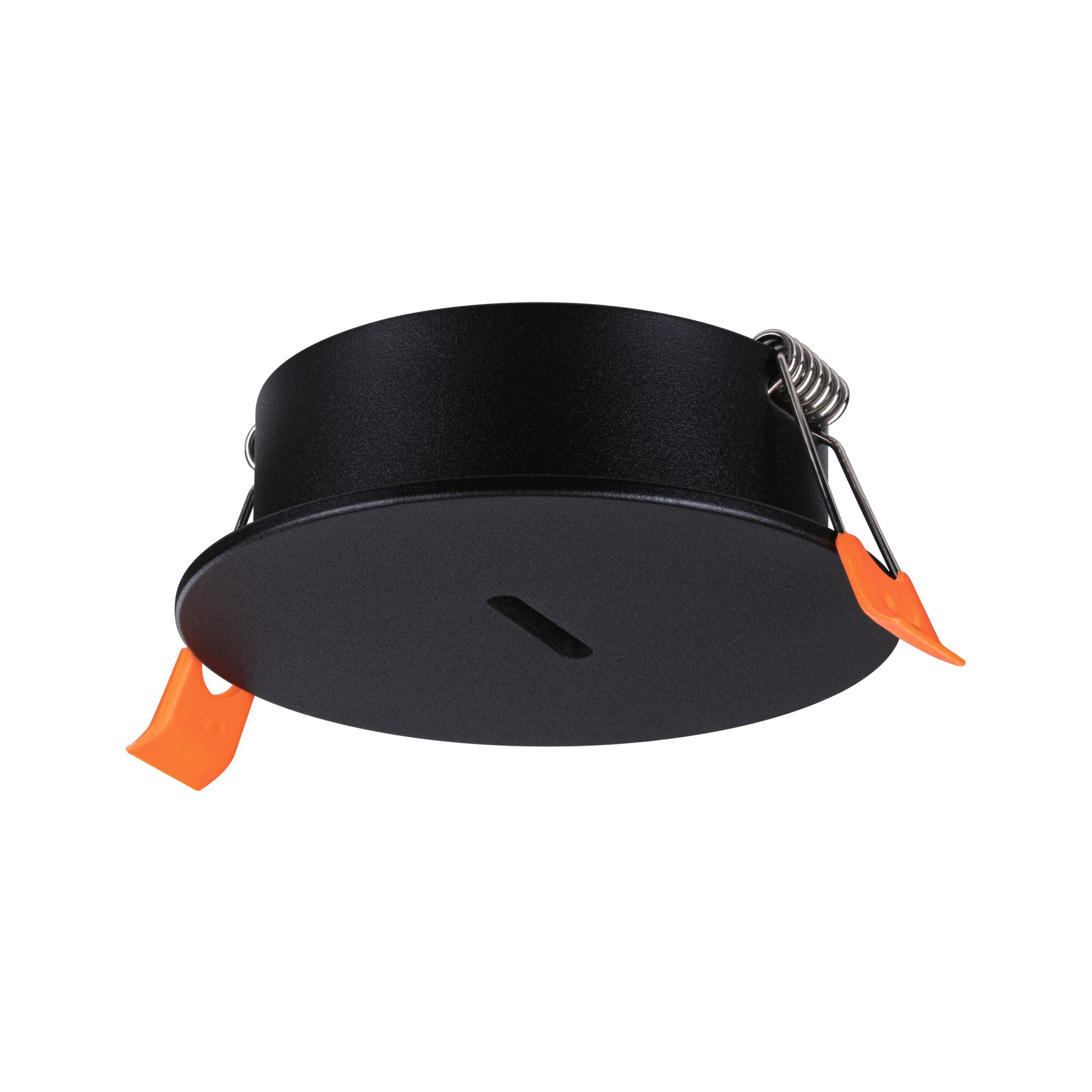 Czarna oprawa wpuszczana z pomarańczowymi klipsami i sprężynami.