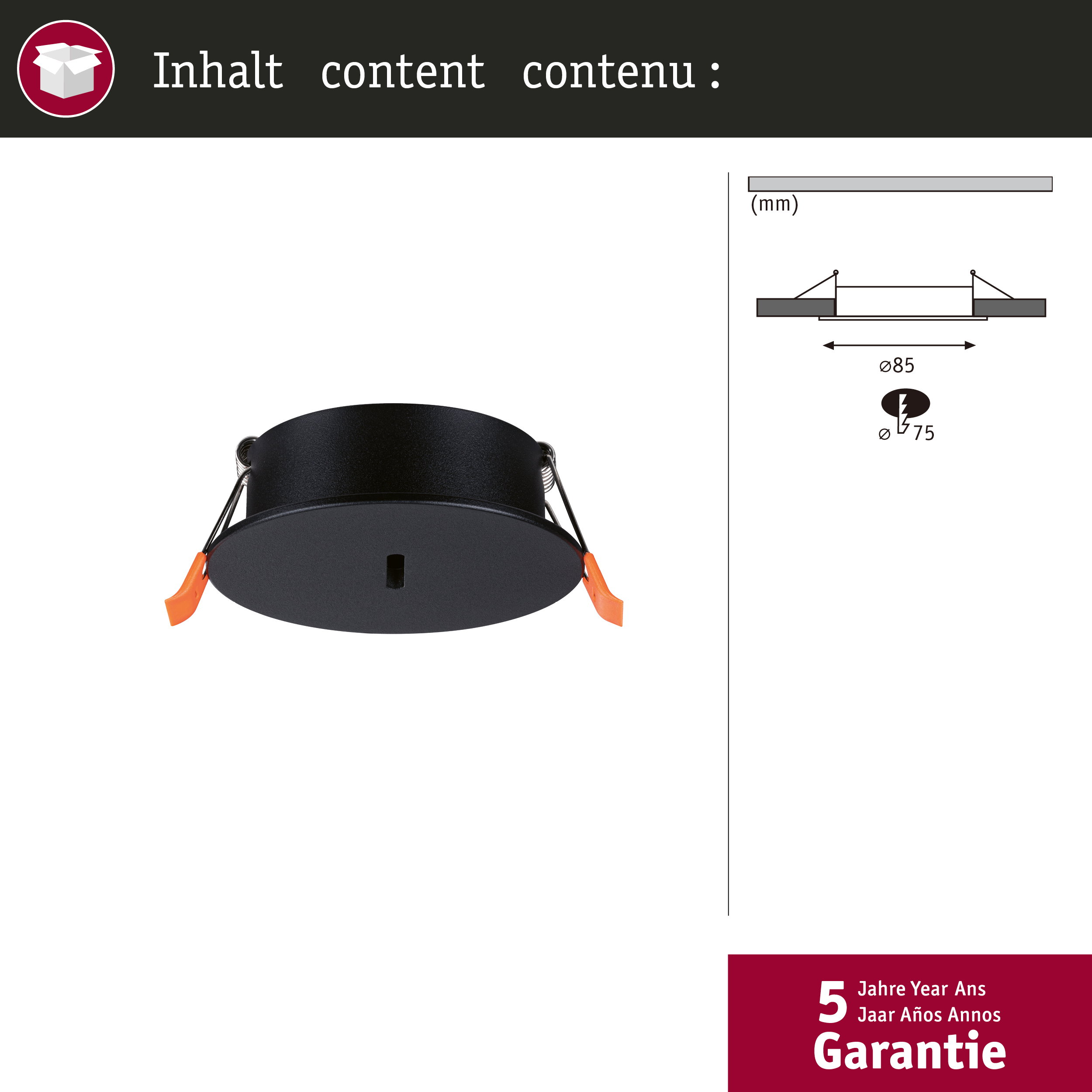 Czarny spot wpuszczany z pomarańczowymi klipsami mocującymi i wymiarami technicznymi.