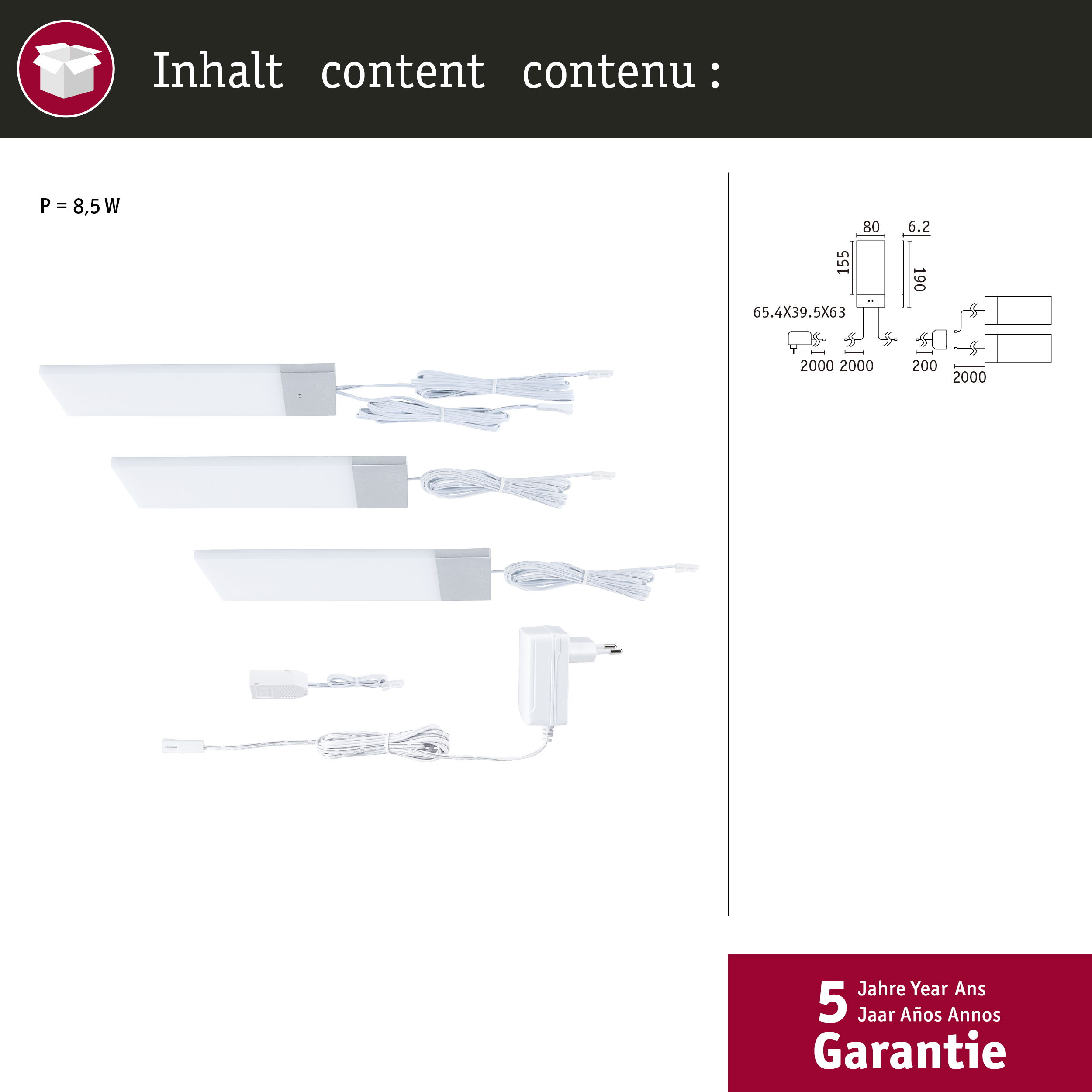Zawartość: 3 lampy, kable, zasilacz. Rysunek techniczny z wymiarami.