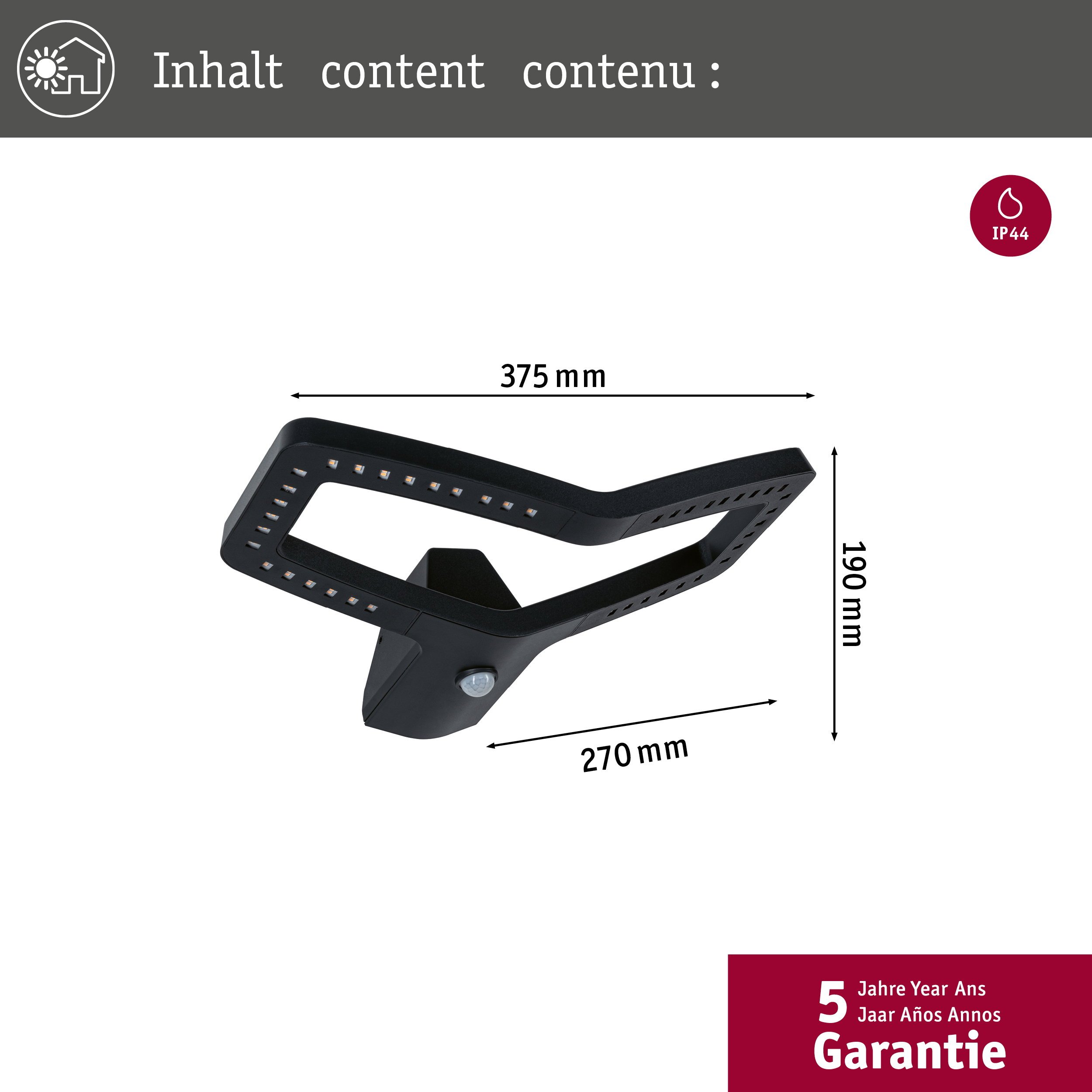 Czarna lampa z czujnikiem ruchu, 375x190x270mm, IP44.