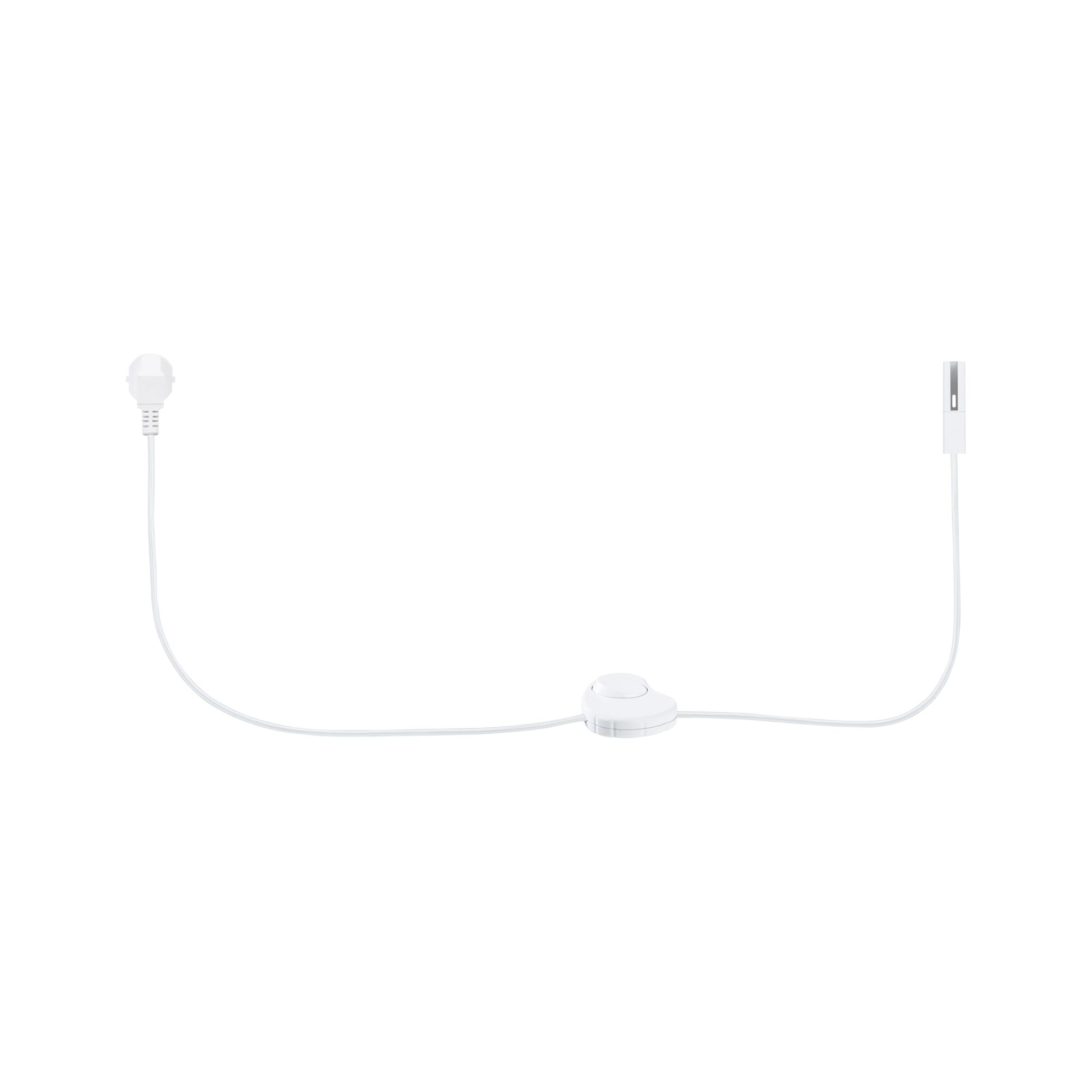 Ein weißes Kabel mit Stecker, Schalter und Buchse auf weißem Hintergrund.