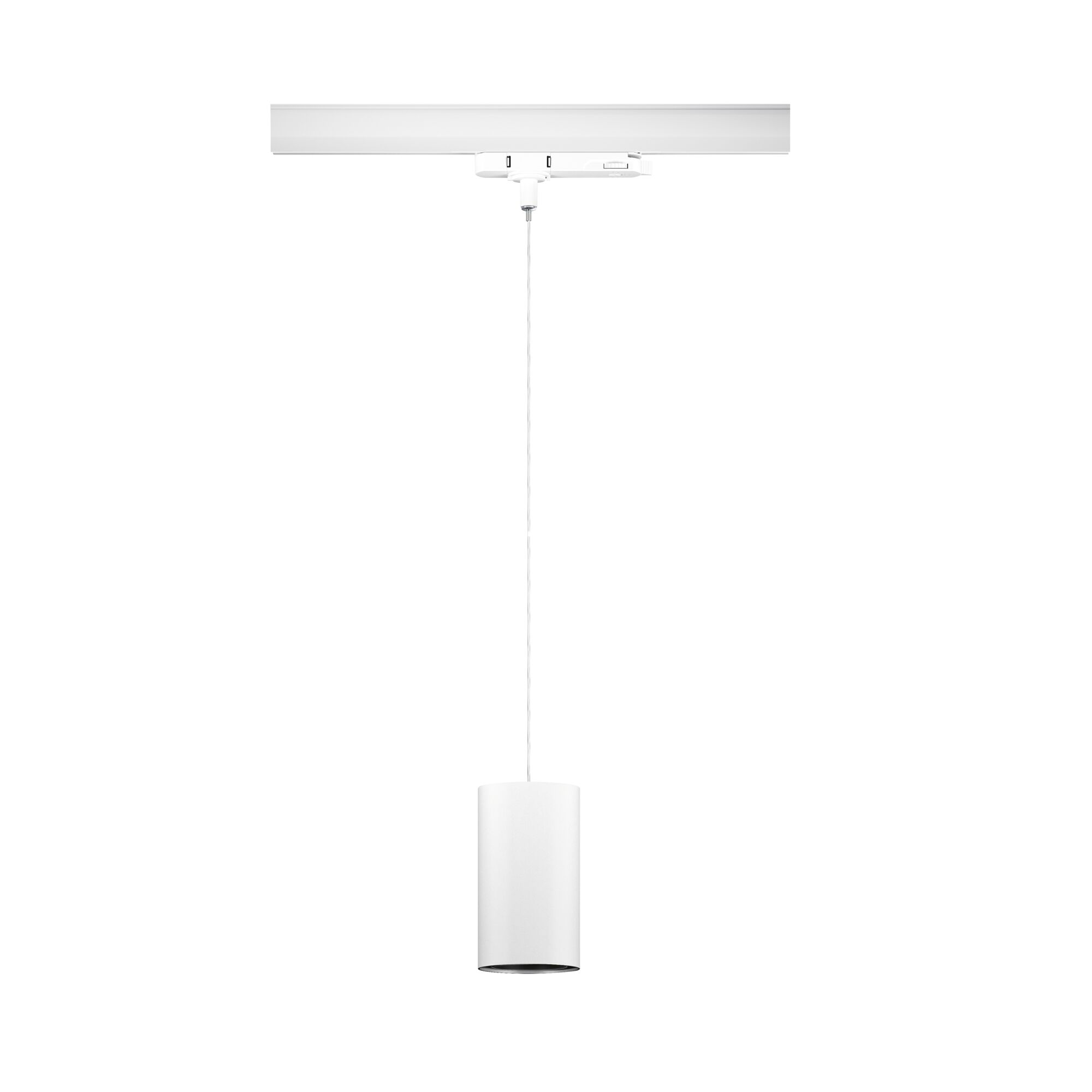 Eine weiße Zylinderlampe hängt an einem weißen Kabel von einer weißen Schiene.