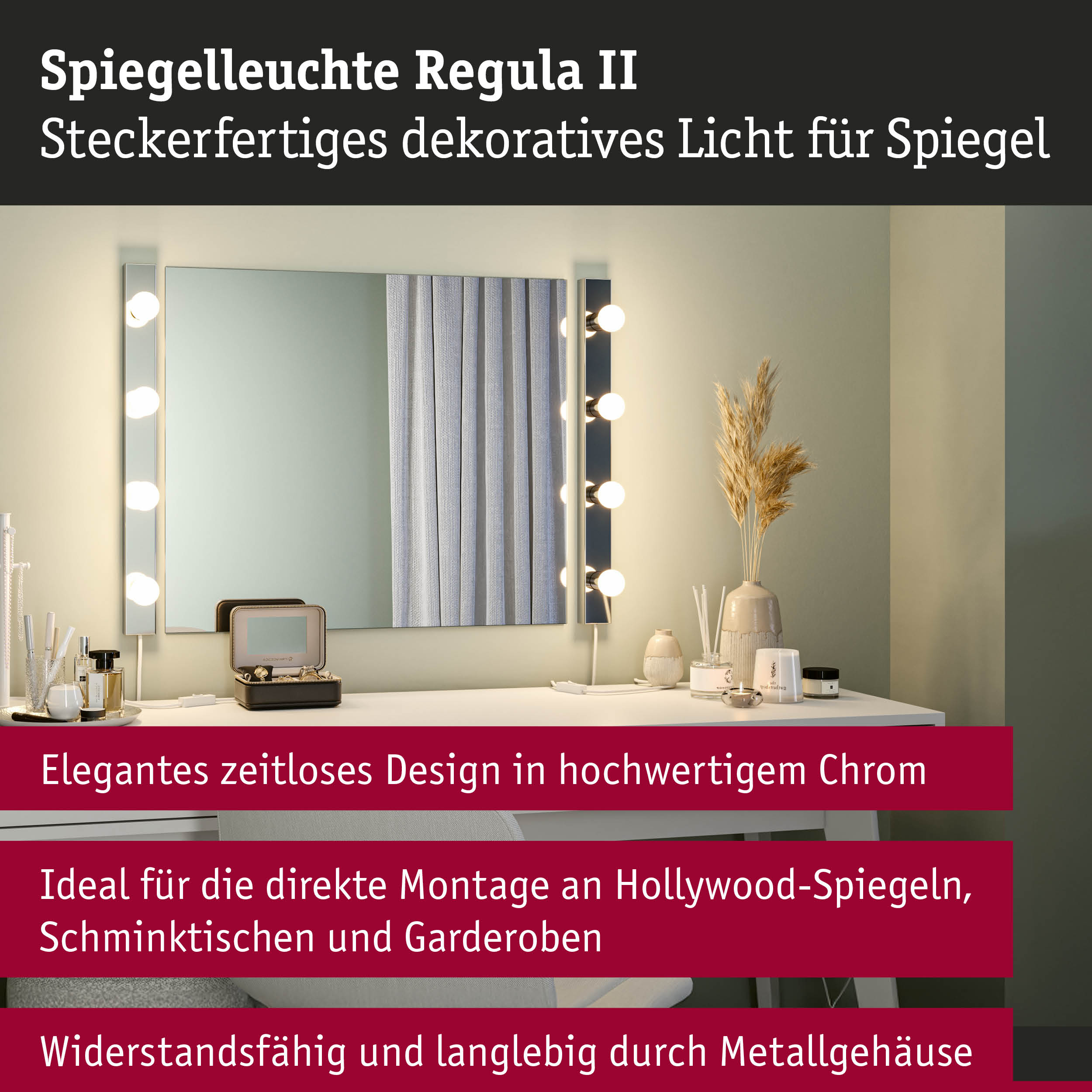 Spiegelleuchte Regula II mit 12 Lichtern, Schminktisch-Zubehör.
