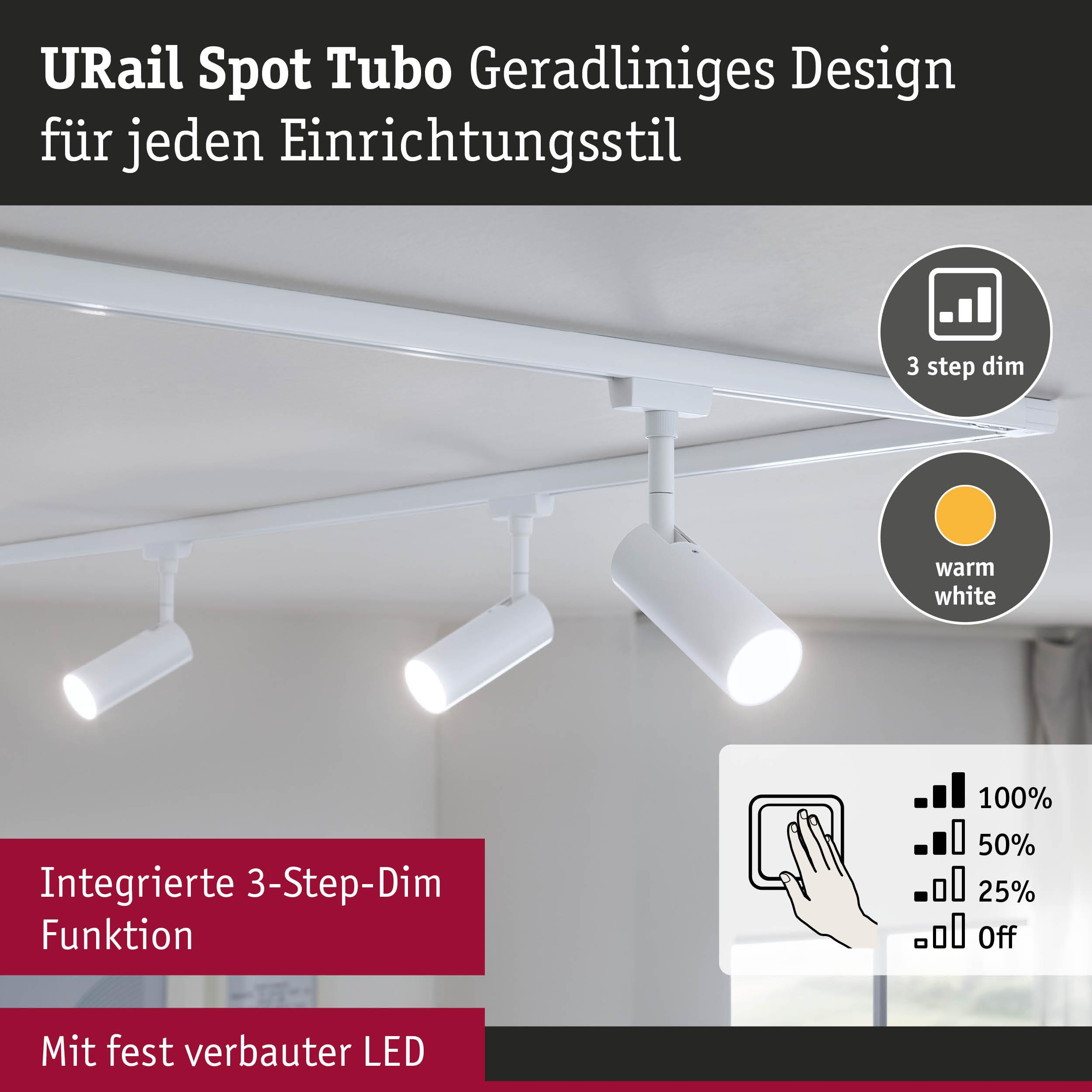 Weiße Schienenstrahler mit integrierter 3-Stufen-Dimmfunktion und warmweißem Licht.