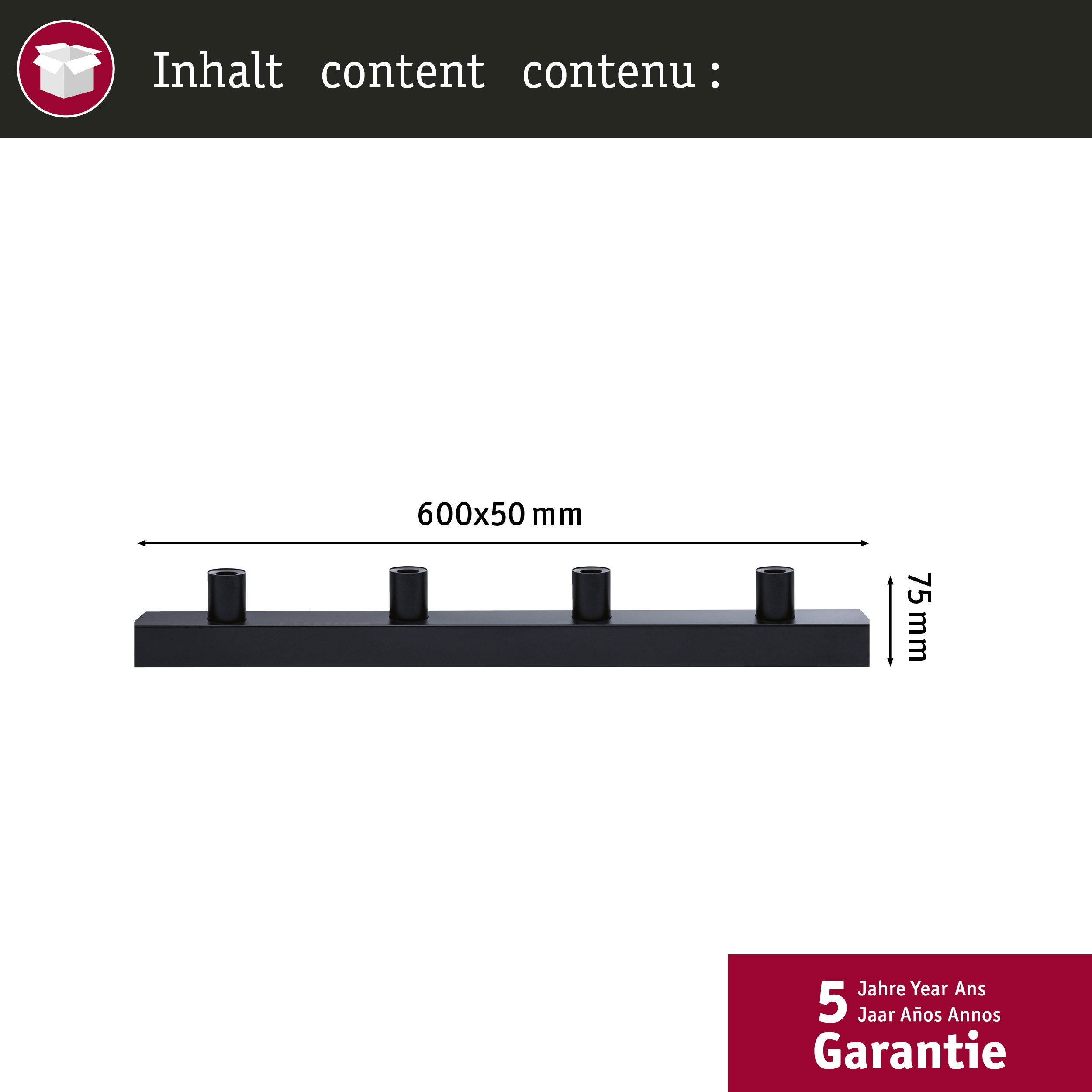 Schwarzer Sockel mit vier Zylindern, 600x50 mm und 75 mm Höhe.