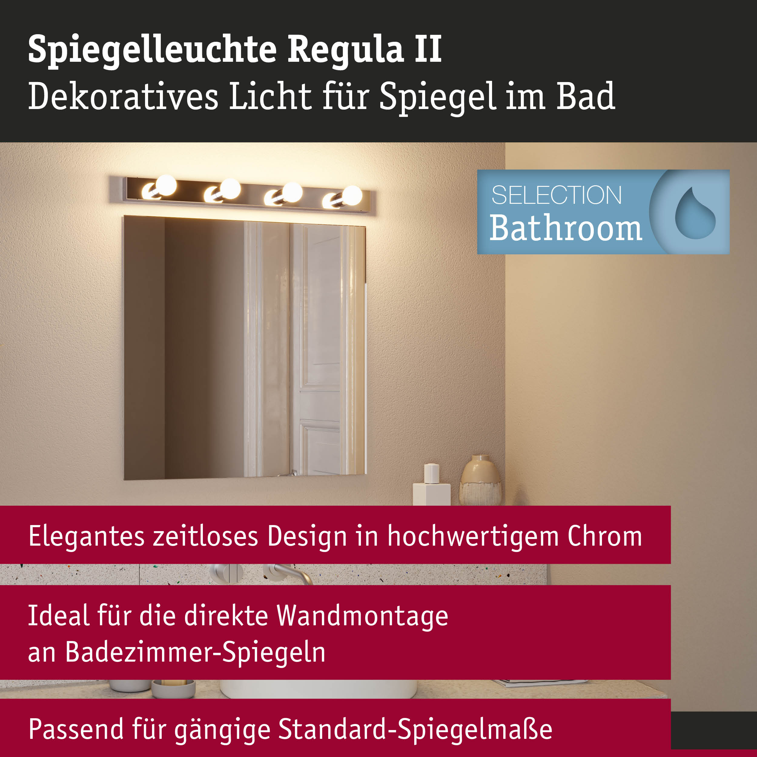 Badezimmer-Spiegelleuchte mit 4 Lichtern, modern und elegant.