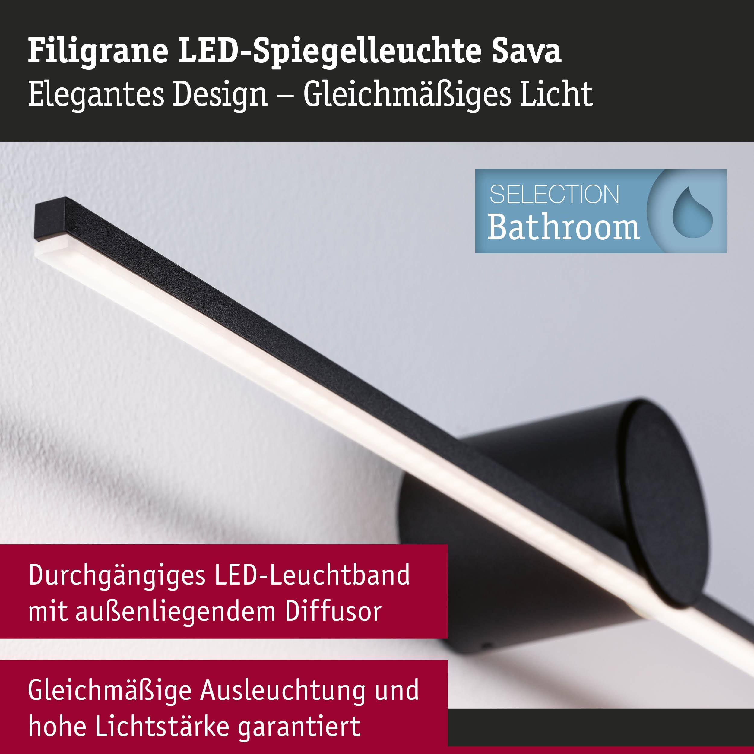 Schwarze LED-Spiegelleuchte mit durchgängigem Leuchtband und Diffusor.
