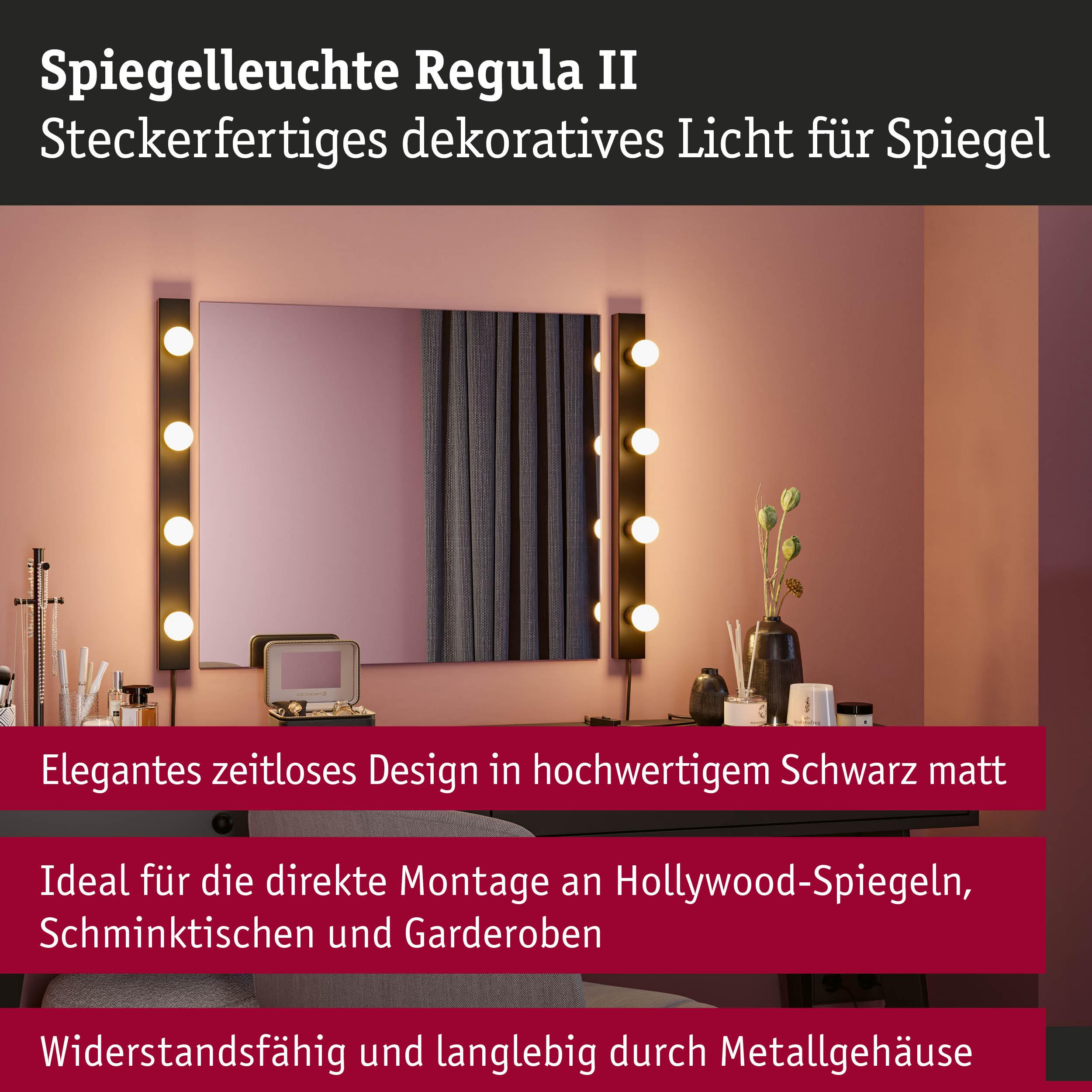Dekorative Spiegelleuchte mit Glühbirnen, Schminkutensilien auf Tisch.