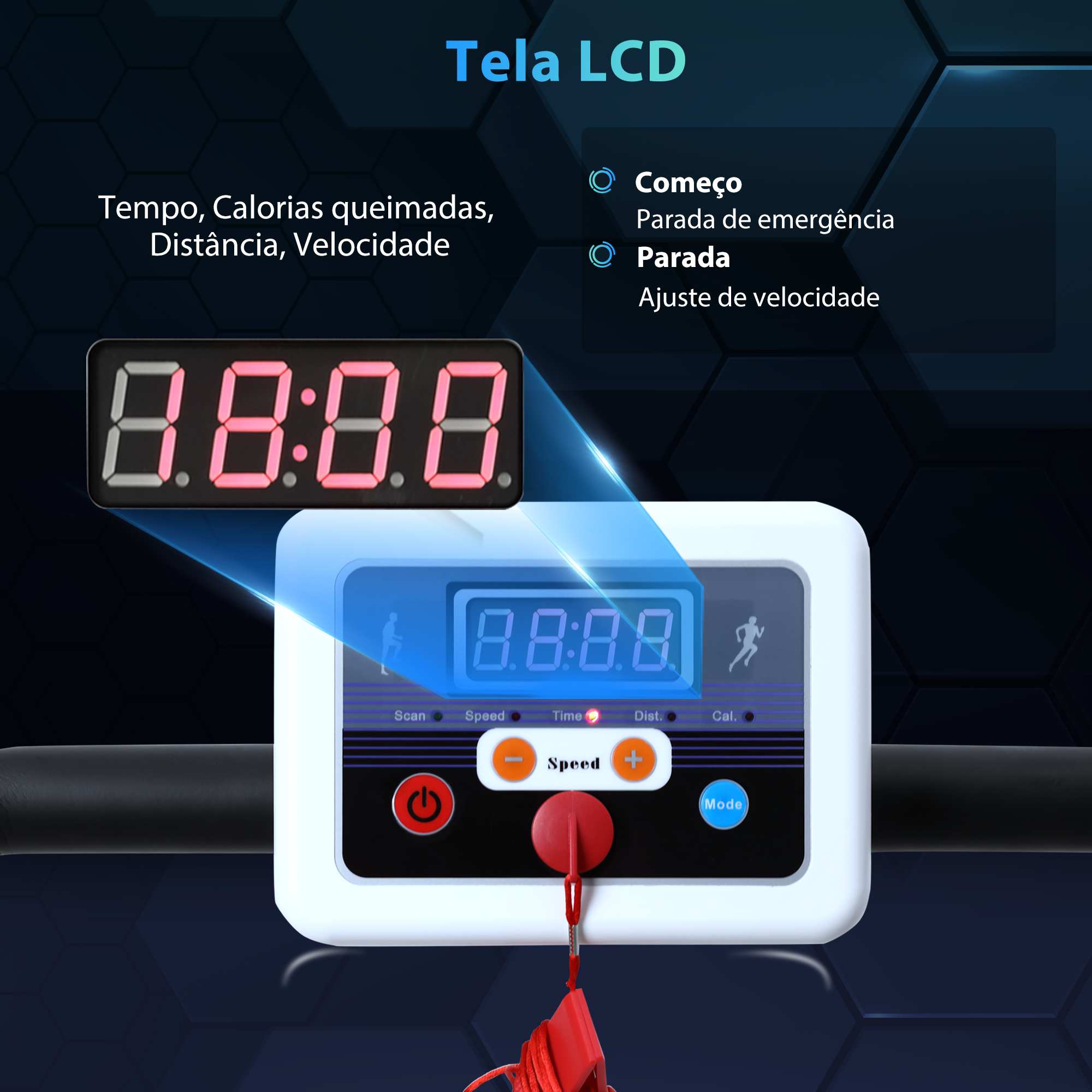 Pantalla de cinta de correr que muestra tiempo, distancia, velocidad con números digitales.