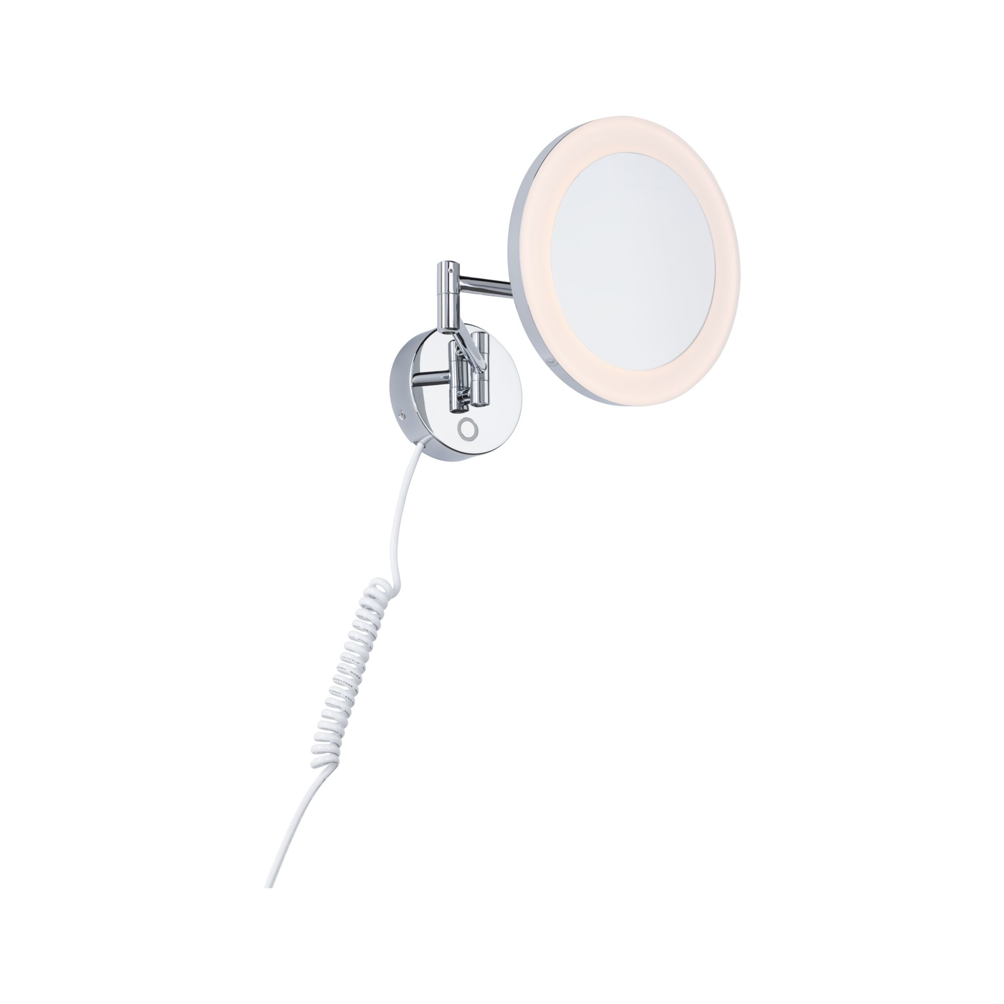 Ein schwenkbarer Wandspiegel mit LED-Beleuchtung und einem weißen Spiralkabel.