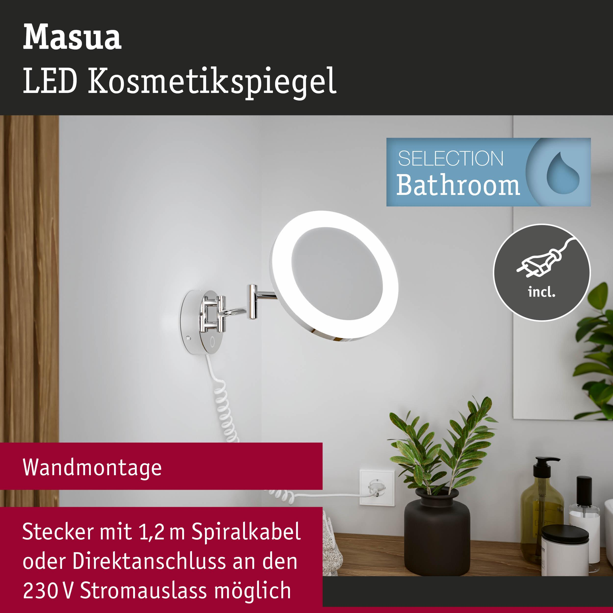 Ein beleuchteter Wandspiegel mit Kabel und Stecker, auf einem Regal mit Pflanzen.