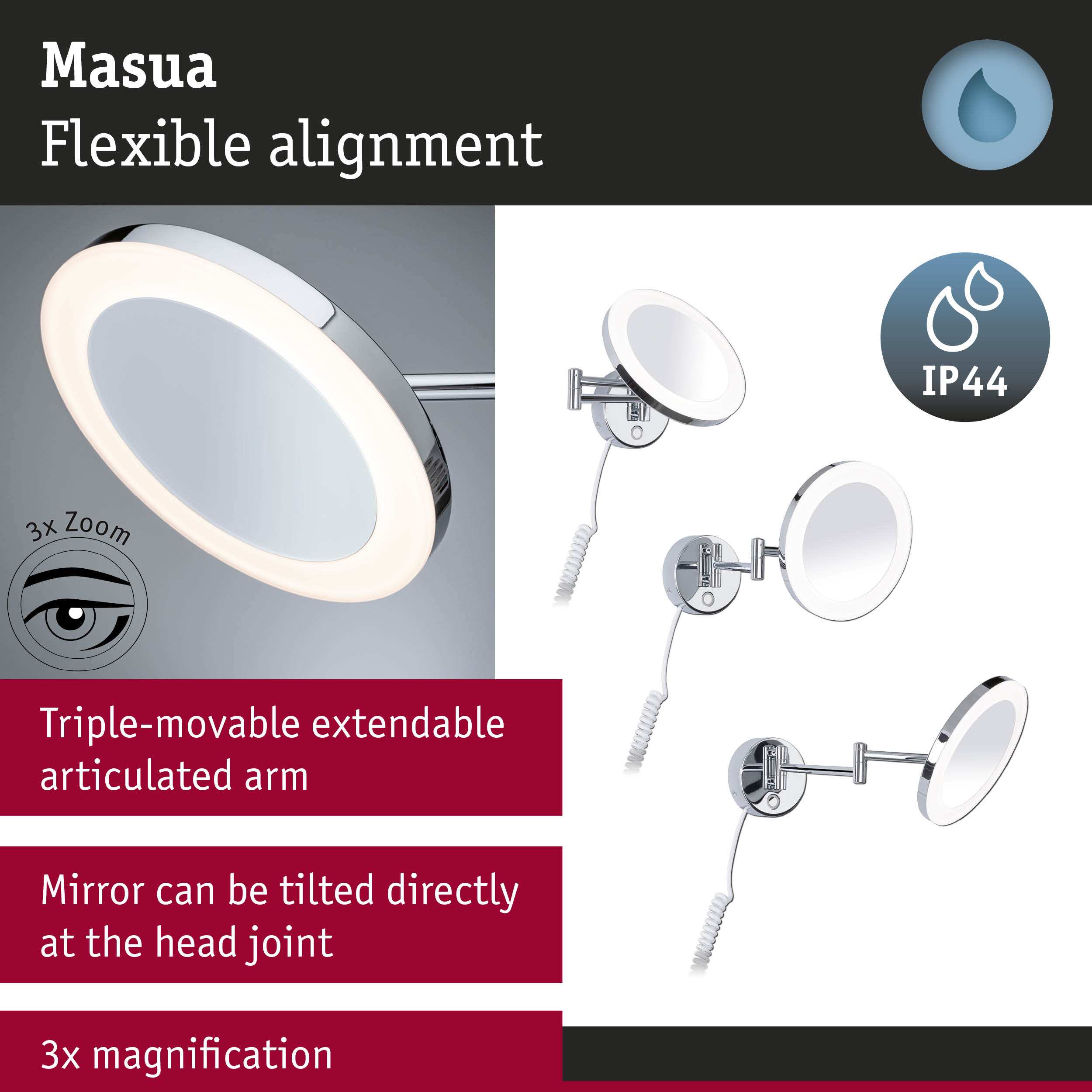 Masua Kosmetikspiegel mit flexiblem Arm, 3x Zoom, IP44, schwenkbar.