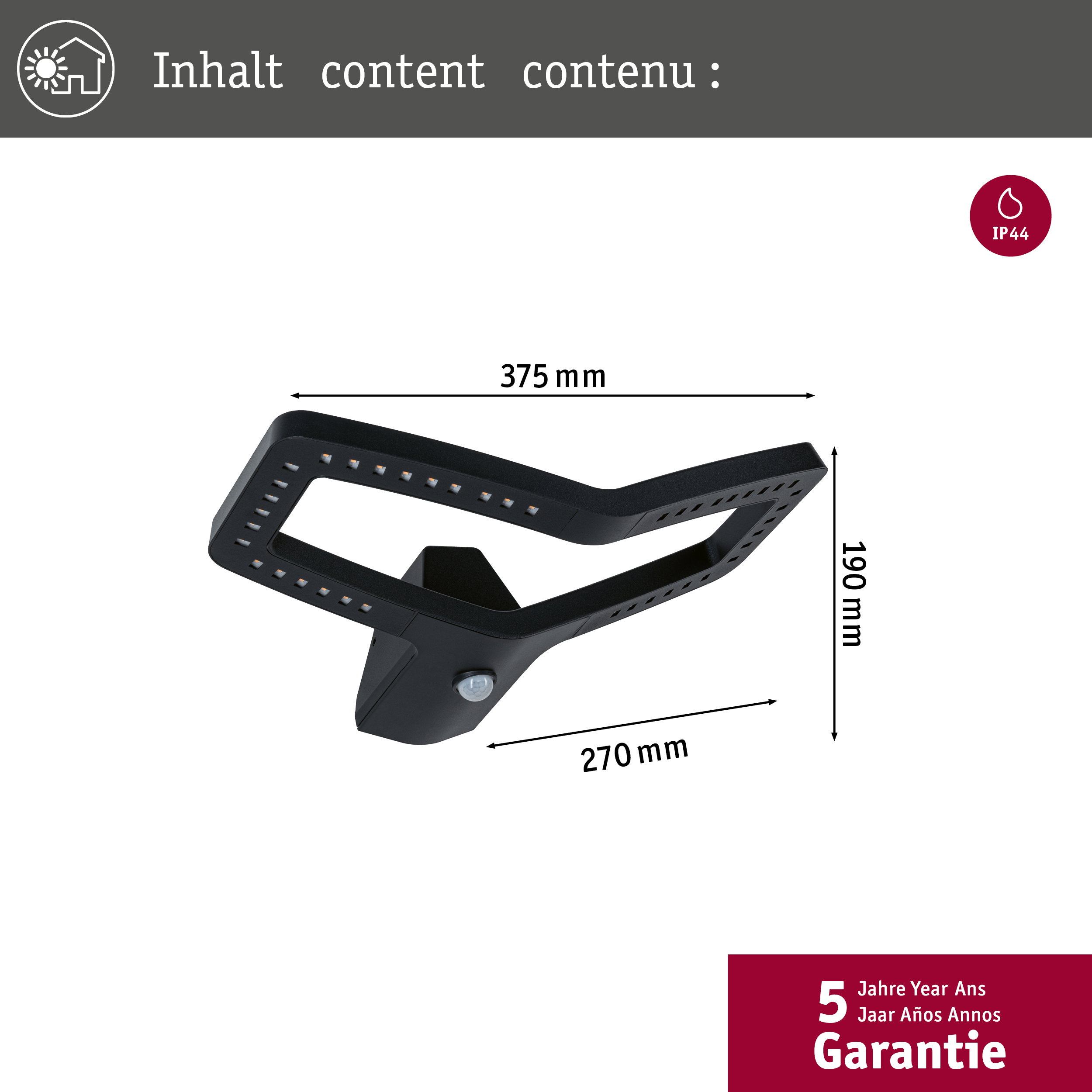 Czarny reflektor LED zewnętrzny z czujnikiem ruchu, wymiary 375x270x190mm, IP44.