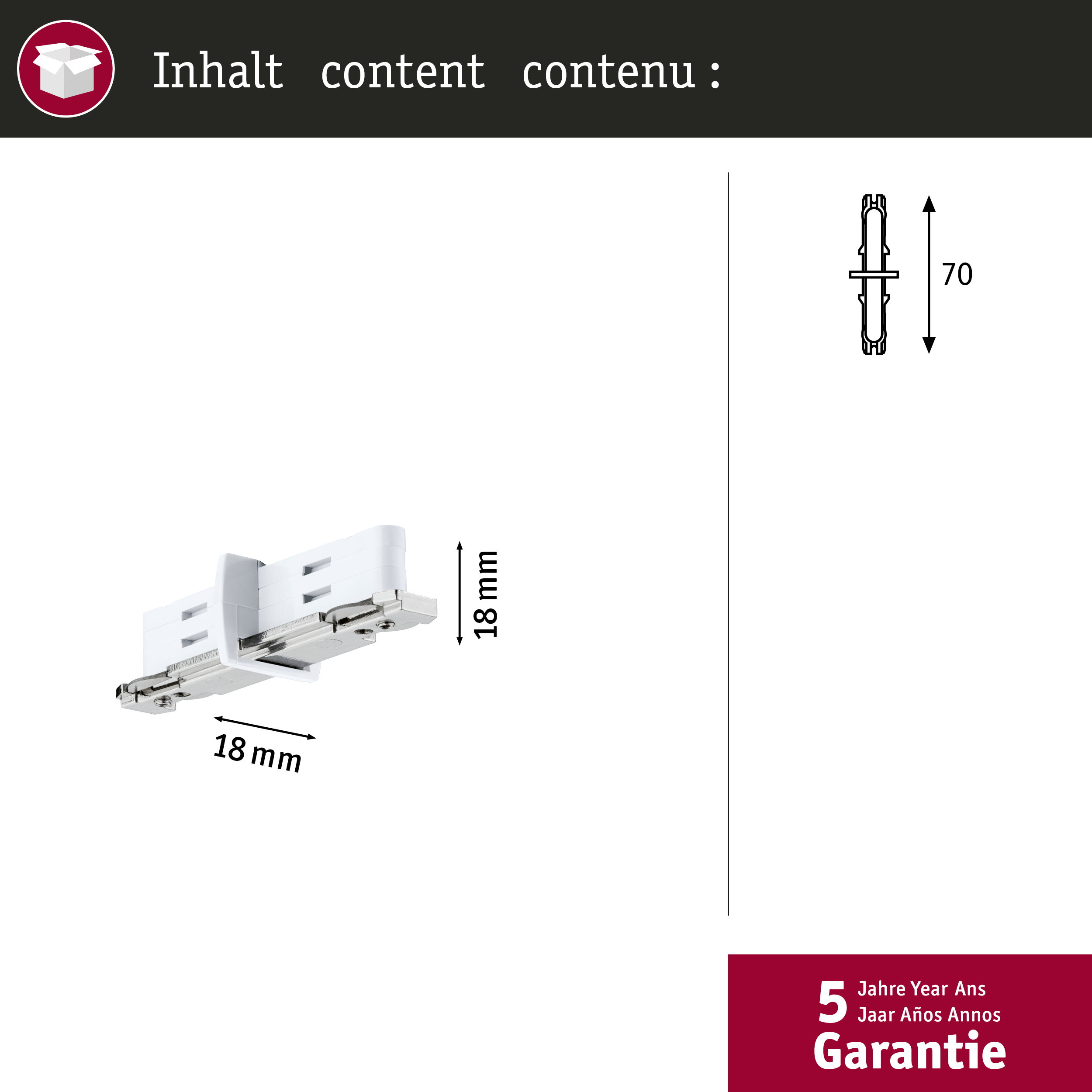 Weiße Kunststoffteile mit Metallschienen, 18 mm breit. Schemazeichnung mit 70.