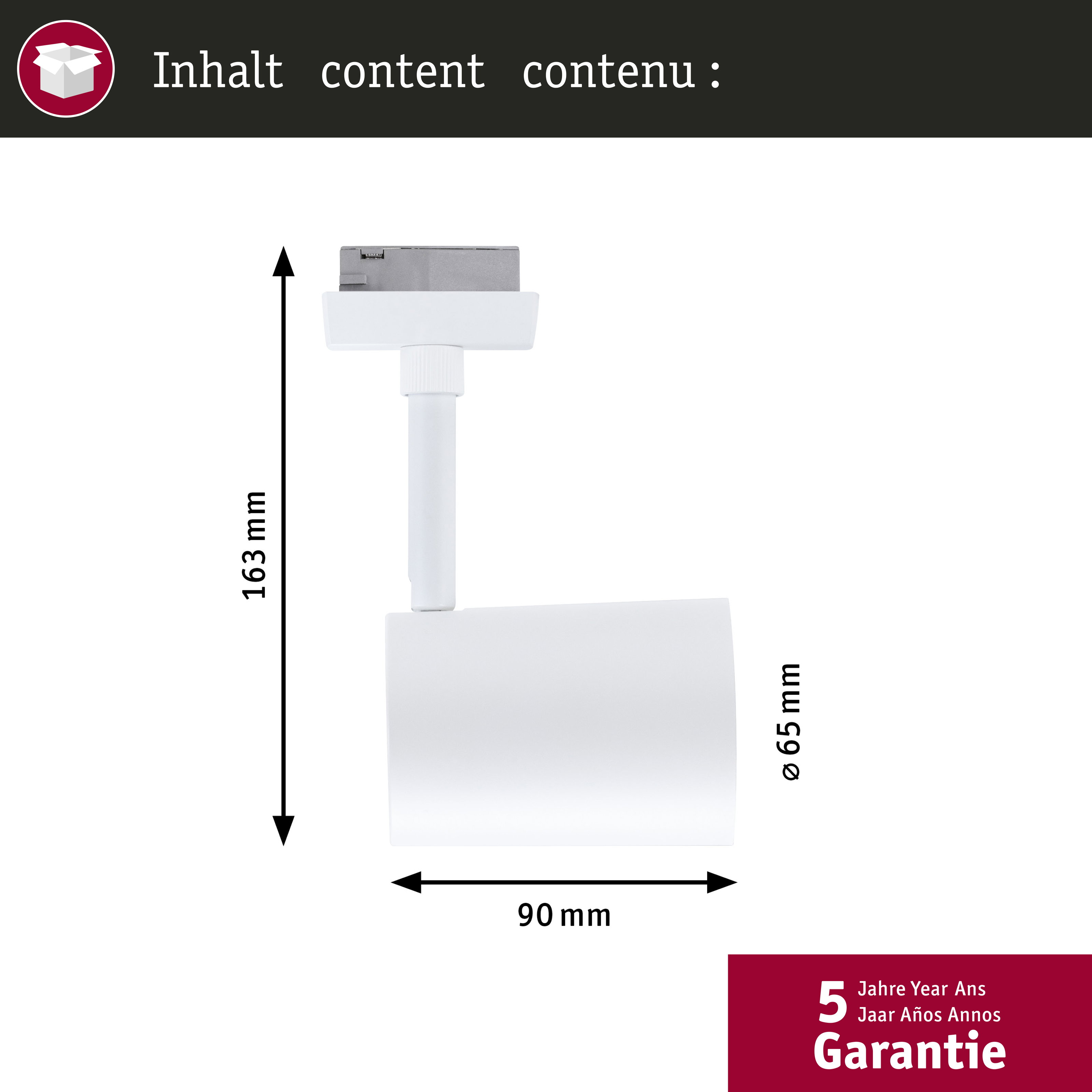 Biała lampa o wymiarach: 163mm wysokość, 90mm szerokość, 65mm średnica. 5 lat gwarancji.