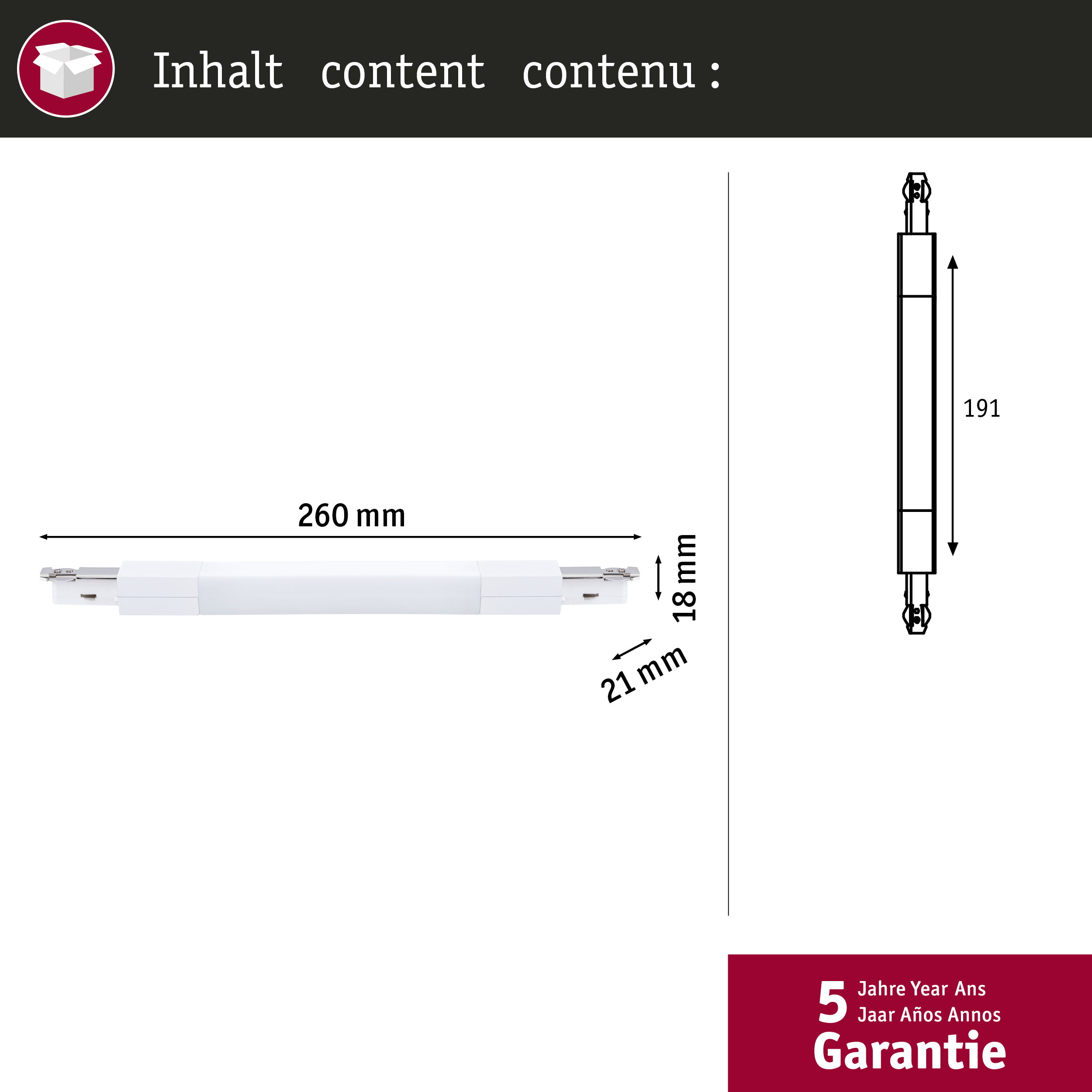 Weiße Leiste 260mm lang, 18mm breit, 21mm hoch. Technische Zeichnung 191mm.