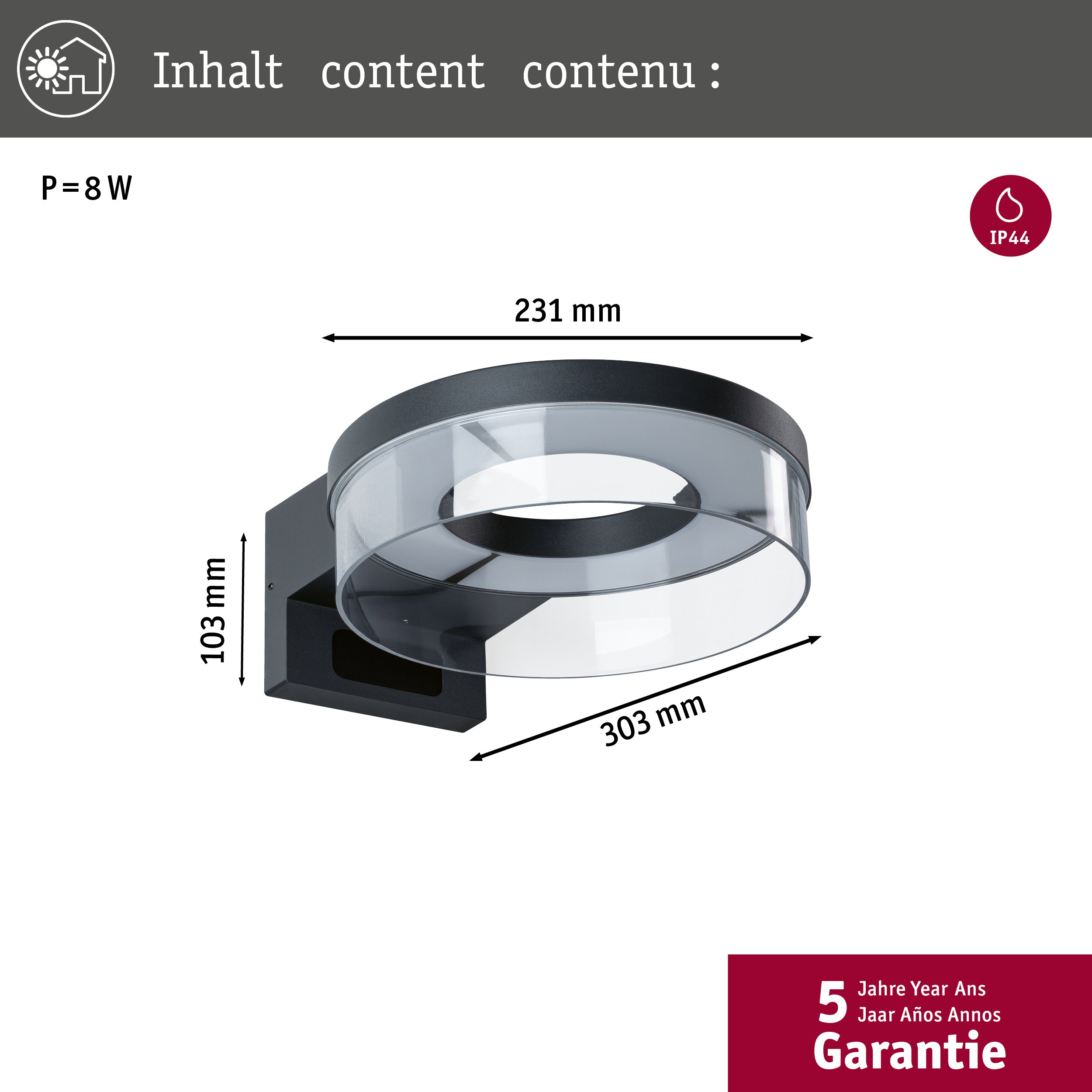 Lampa ścienna 8W o wymiarach 231mm szer., 103mm wys., 303mm głęb., IP44.