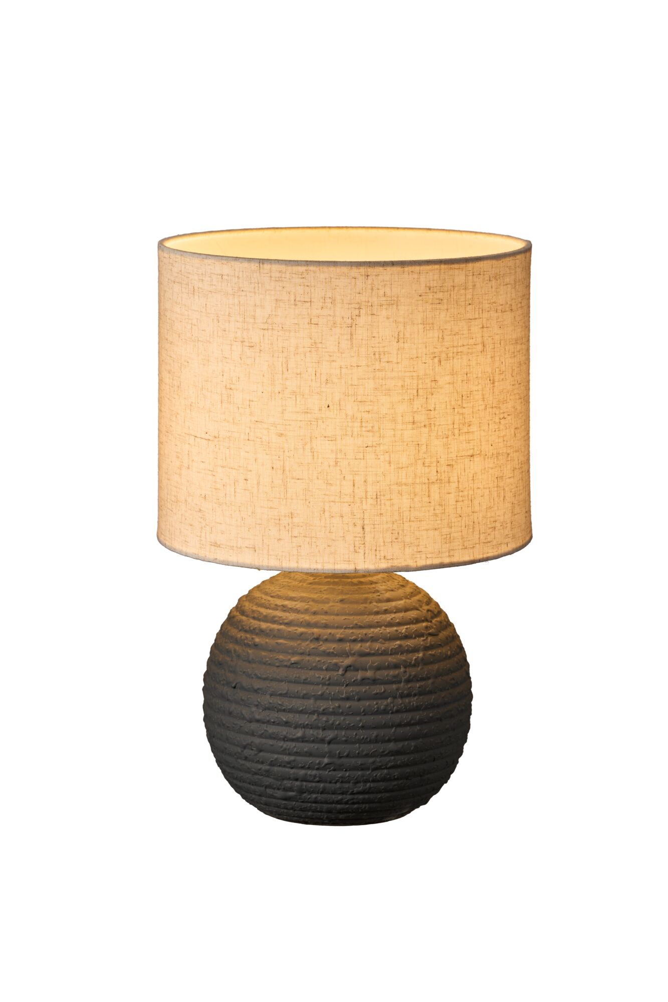 Lampa stołowa z teksturowaną kulistą podstawą i cylindrycznym kloszem.