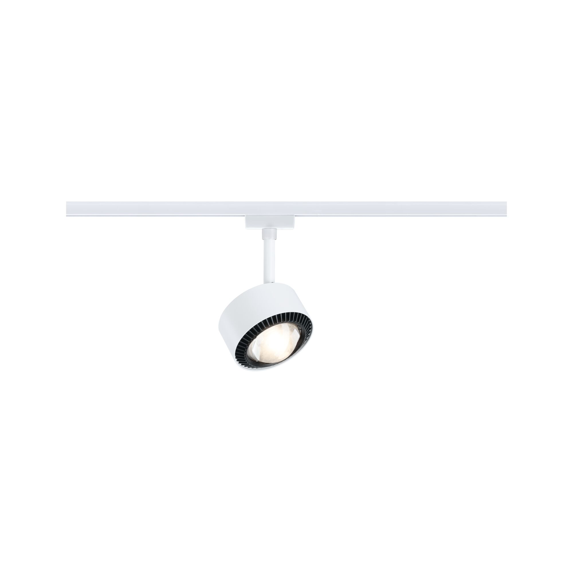 Ein weißer Schienenstrahler mit schwarzem Ring, der an einer weißen Schiene befestigt ist.