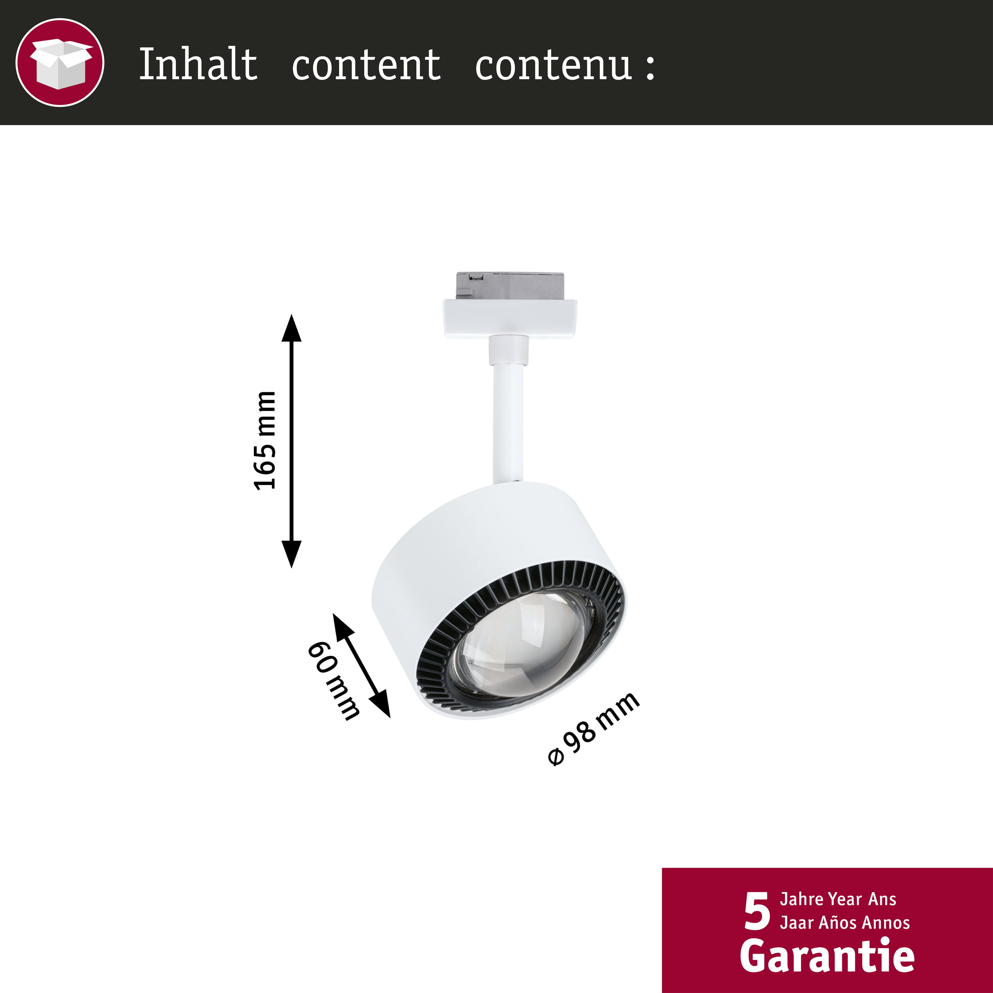 Ein weißer Strahler mit Maßen 165mm H, 60mm B, 98mm D. Mit Garantie.