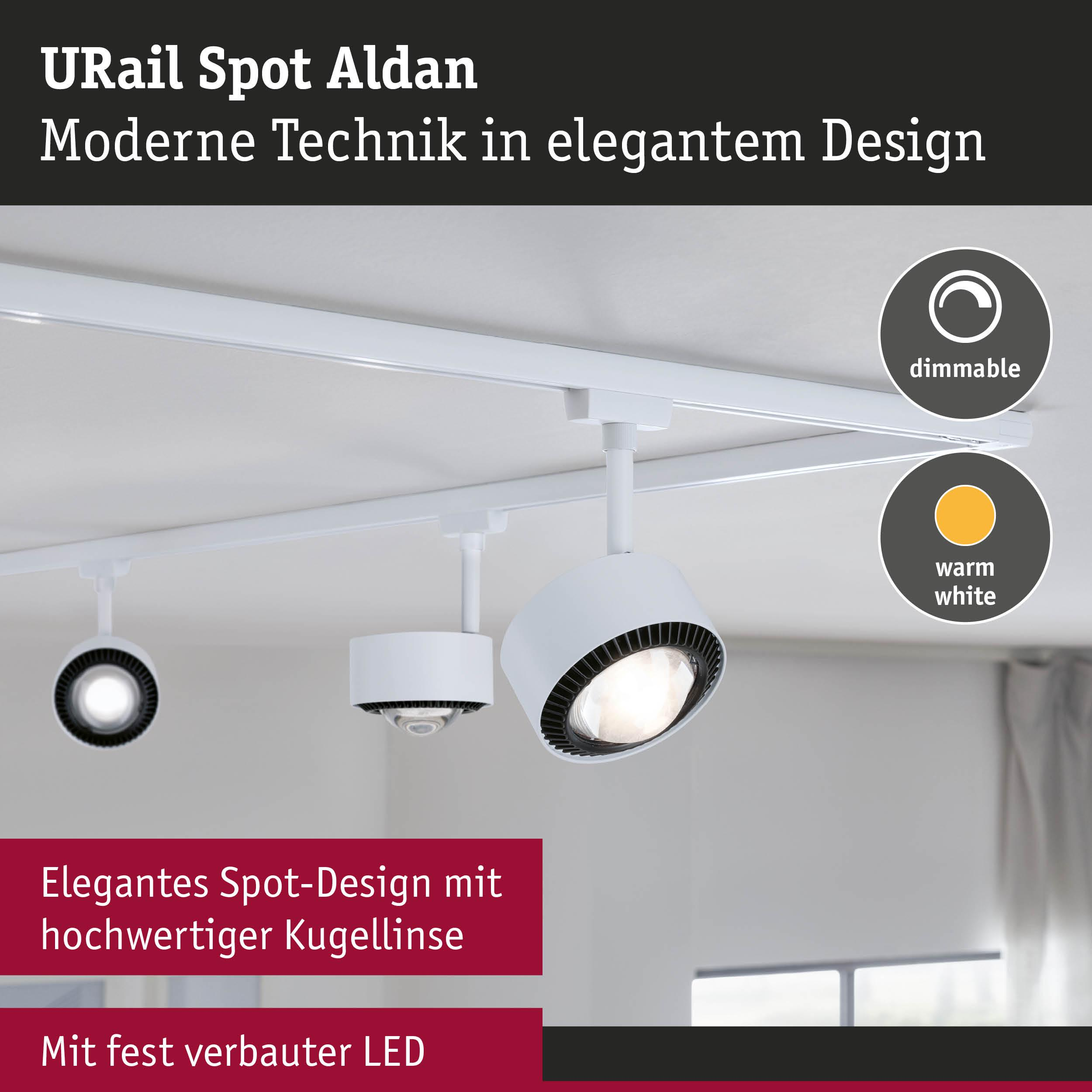 Weiße Schienenleuchten mit warmweißem, dimmbarem Licht an der Decke.