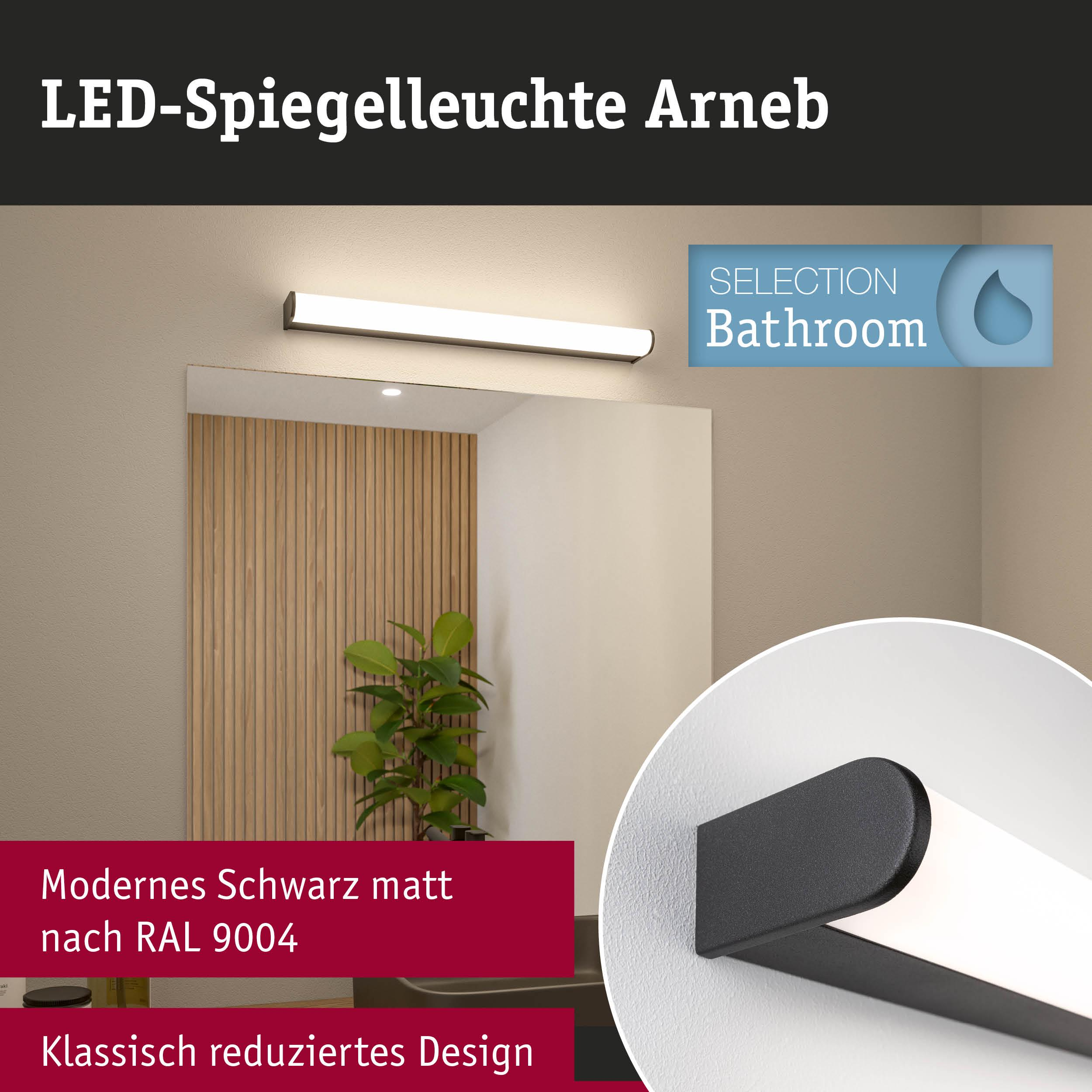 Moderne schwarze LED-Spiegelleuchte über einem Spiegel mit Holzverkleidung.