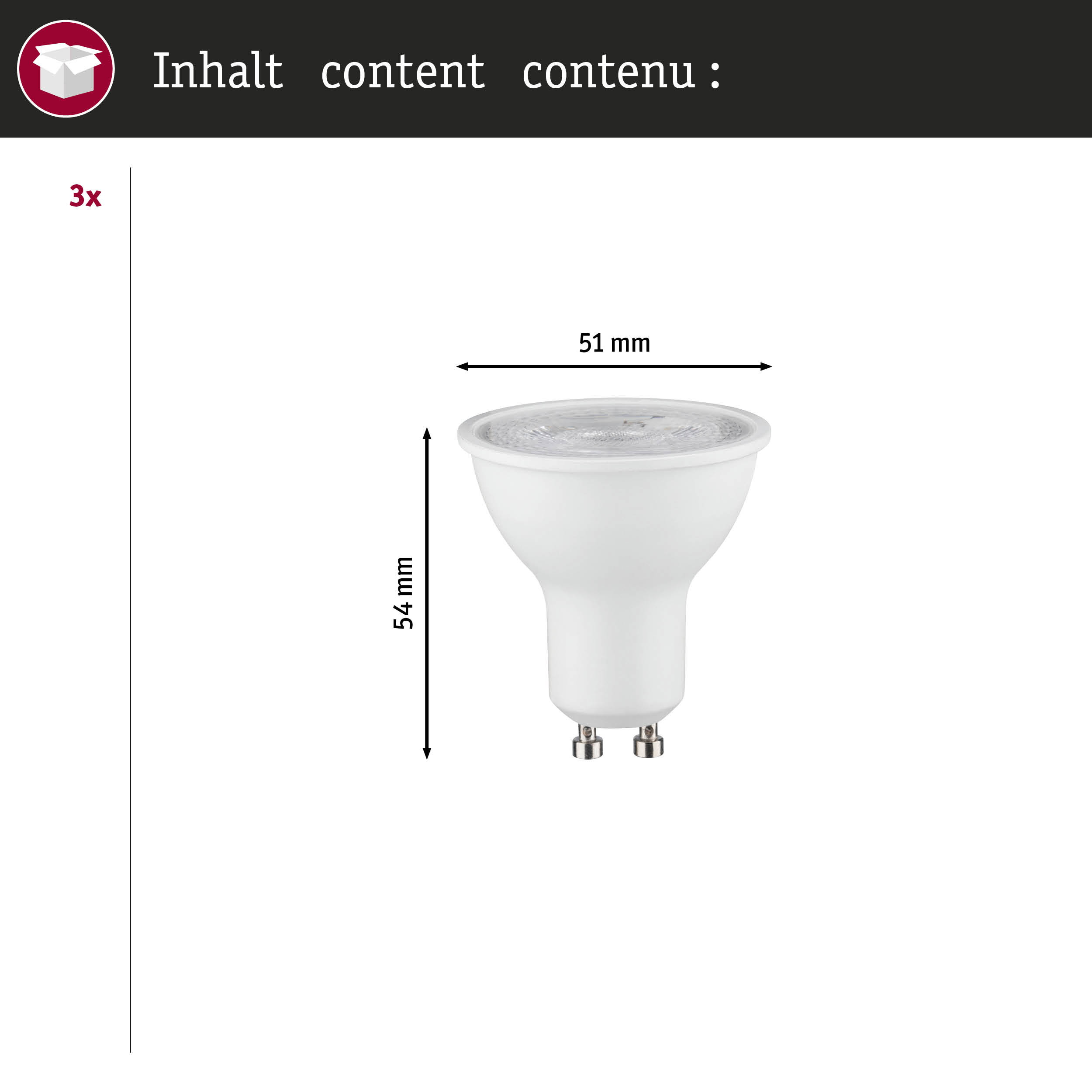 Biała żarówka GU10 o szerokości 51 mm i wysokości 54 mm.