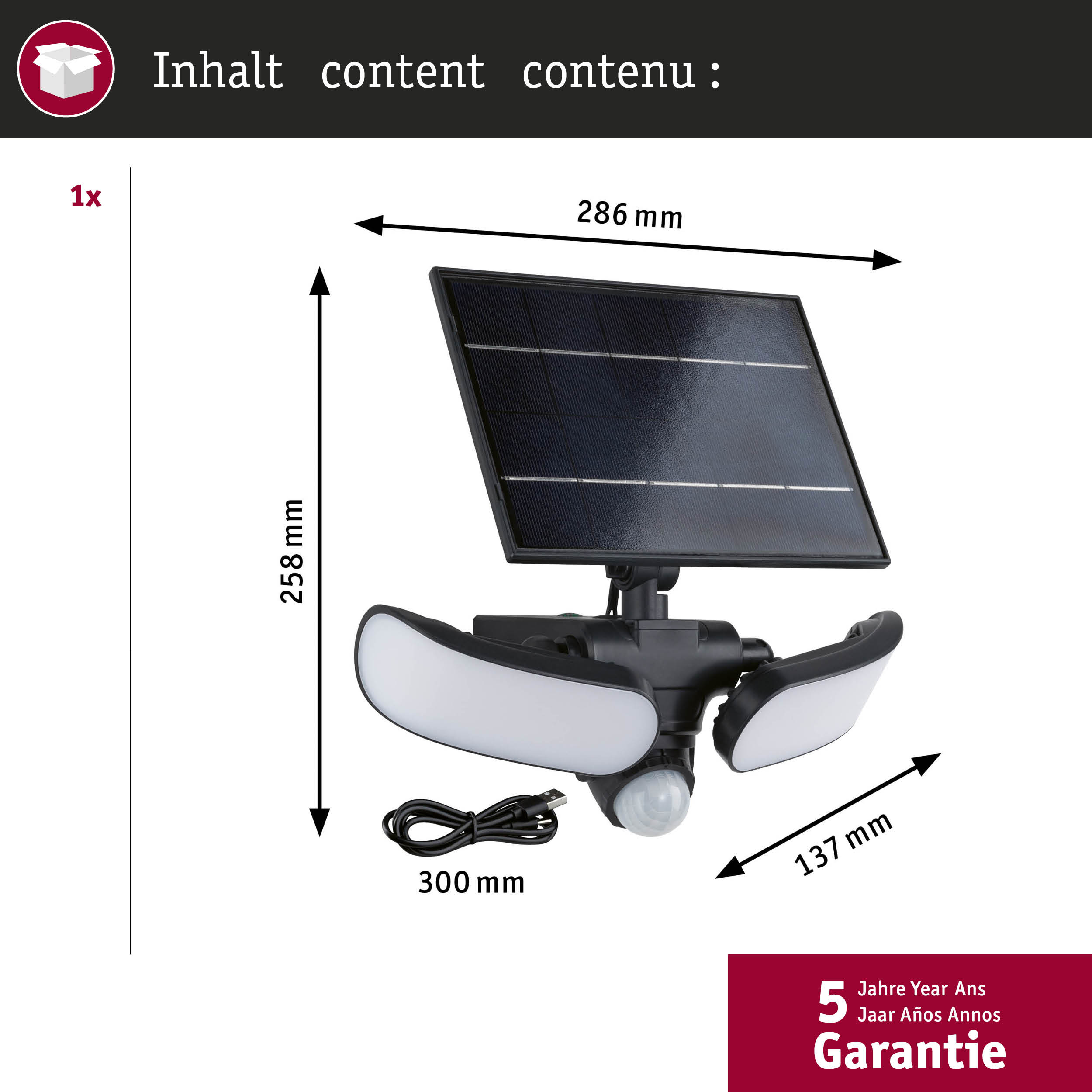 Lampa solarna z czujnikiem ruchu, wymiary 286x258x137 mm, kabel 300 mm.