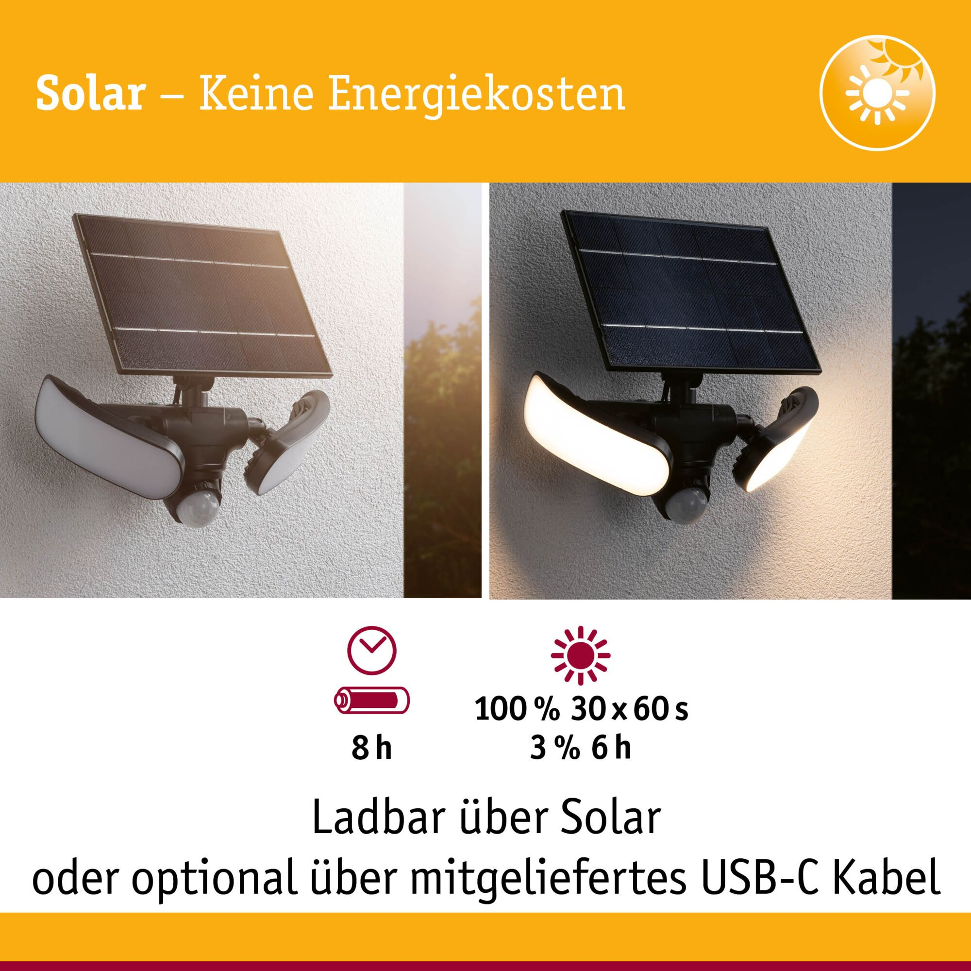Zewnętrzna lampa solarna z czujnikiem ruchu, ładowana przez USB-C lub słońce.
