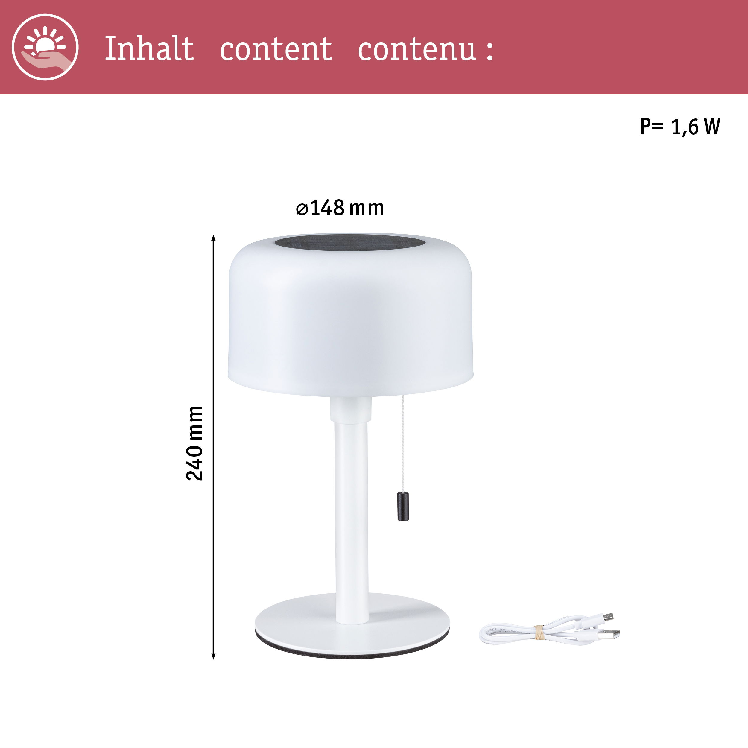 Biała lampa stołowa z okrągłą podstawą, przełącznikiem sznurkowym i kablem USB. Wys.