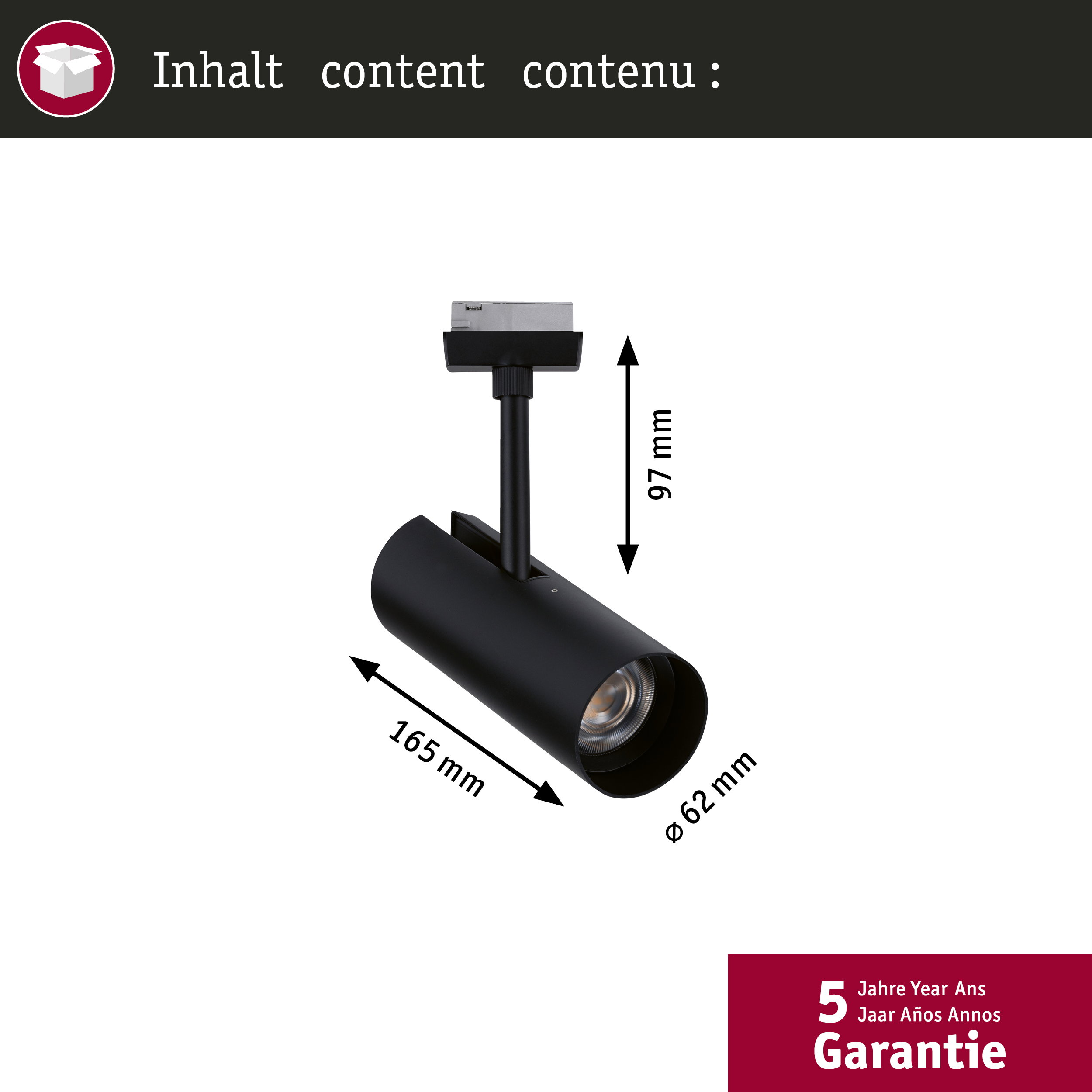 Schwarzer Spot mit Maßen 165mm L, 62mm Ø, 97mm H. 5 Jahre Garantie.