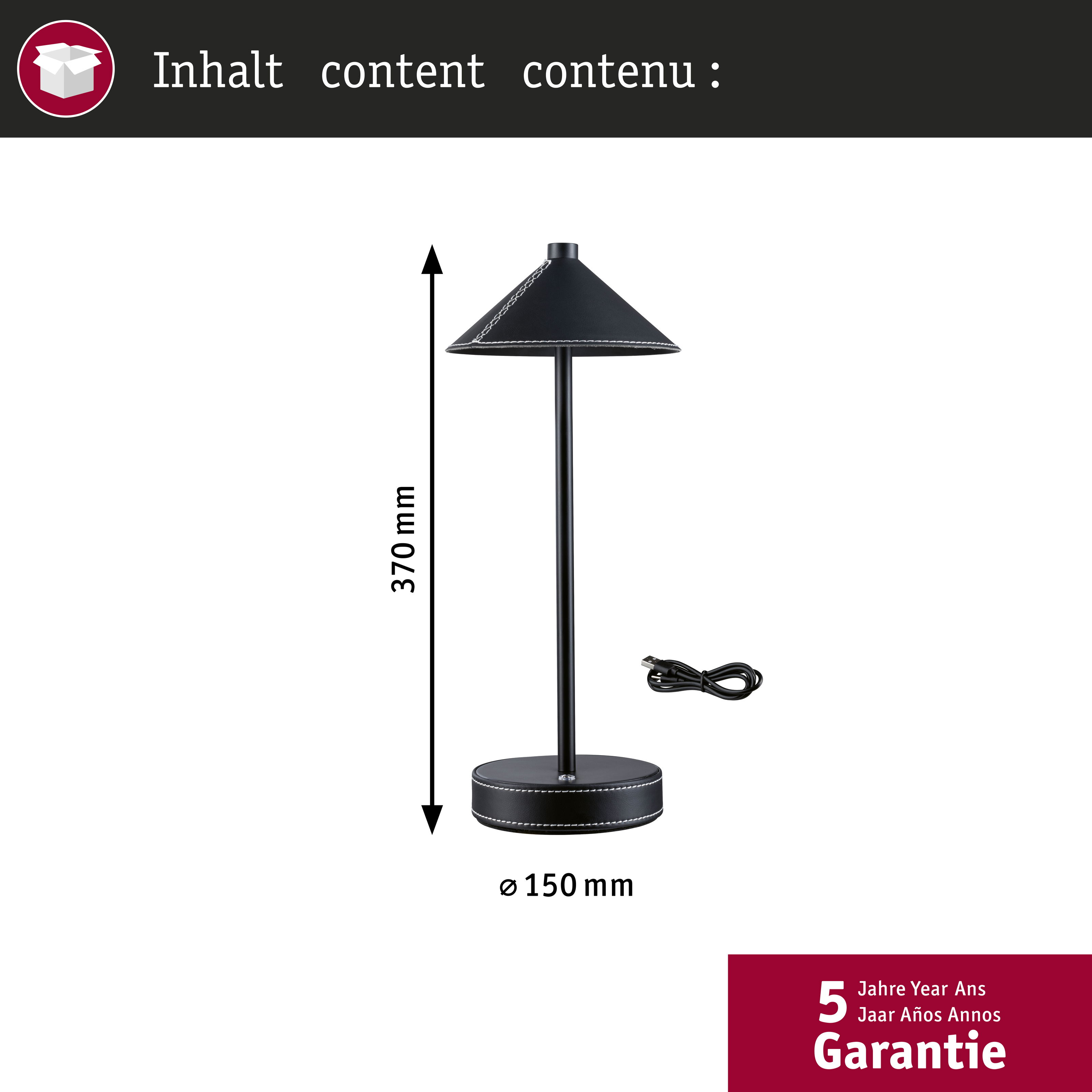 Czarna lampa stołowa z kablem, wysokość 370 mm, średnica 150 mm.