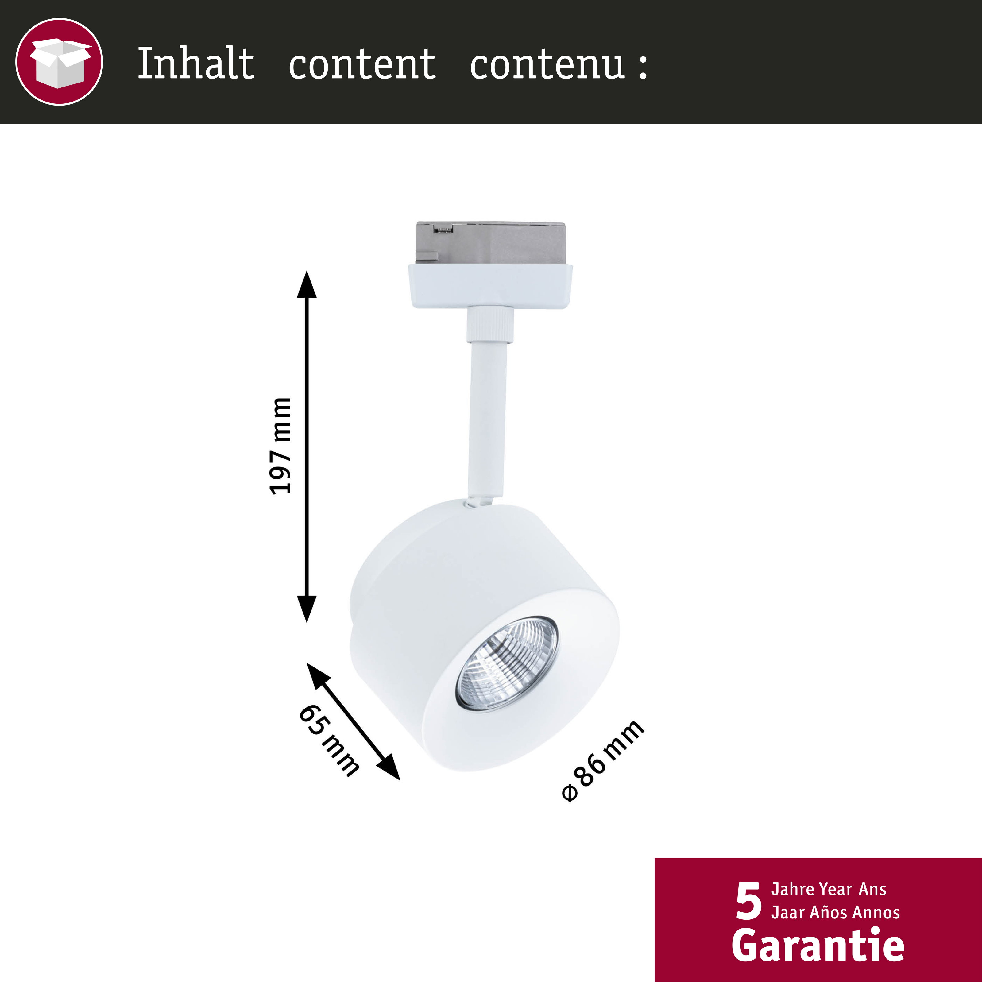 Weiße Spotlampe mit Maßen 197mm Höhe, 65mm Breite, 86mm Durchmesser. 5 Jahre Garantie.