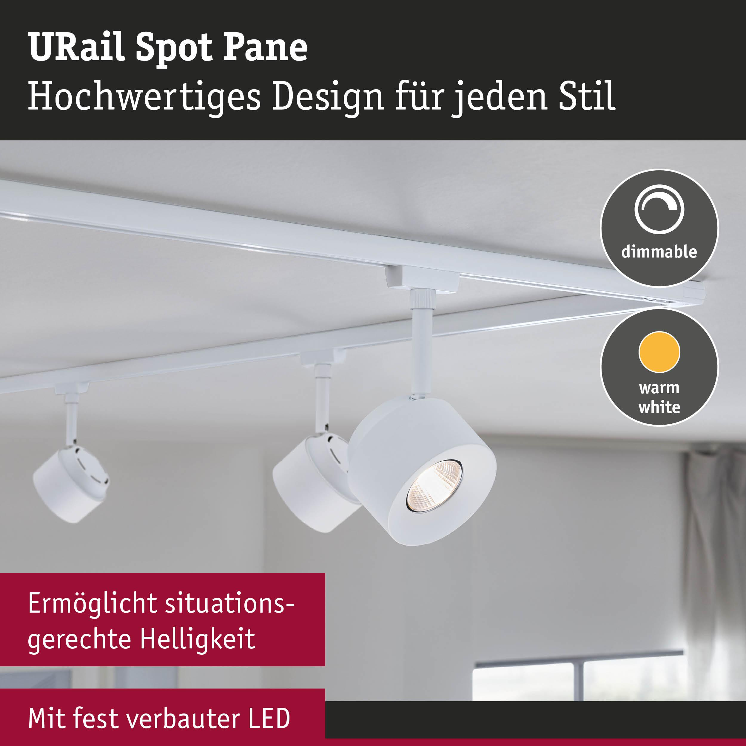 Weiße URail Schienenstrahler mit warmweißem Licht, dimmbar.