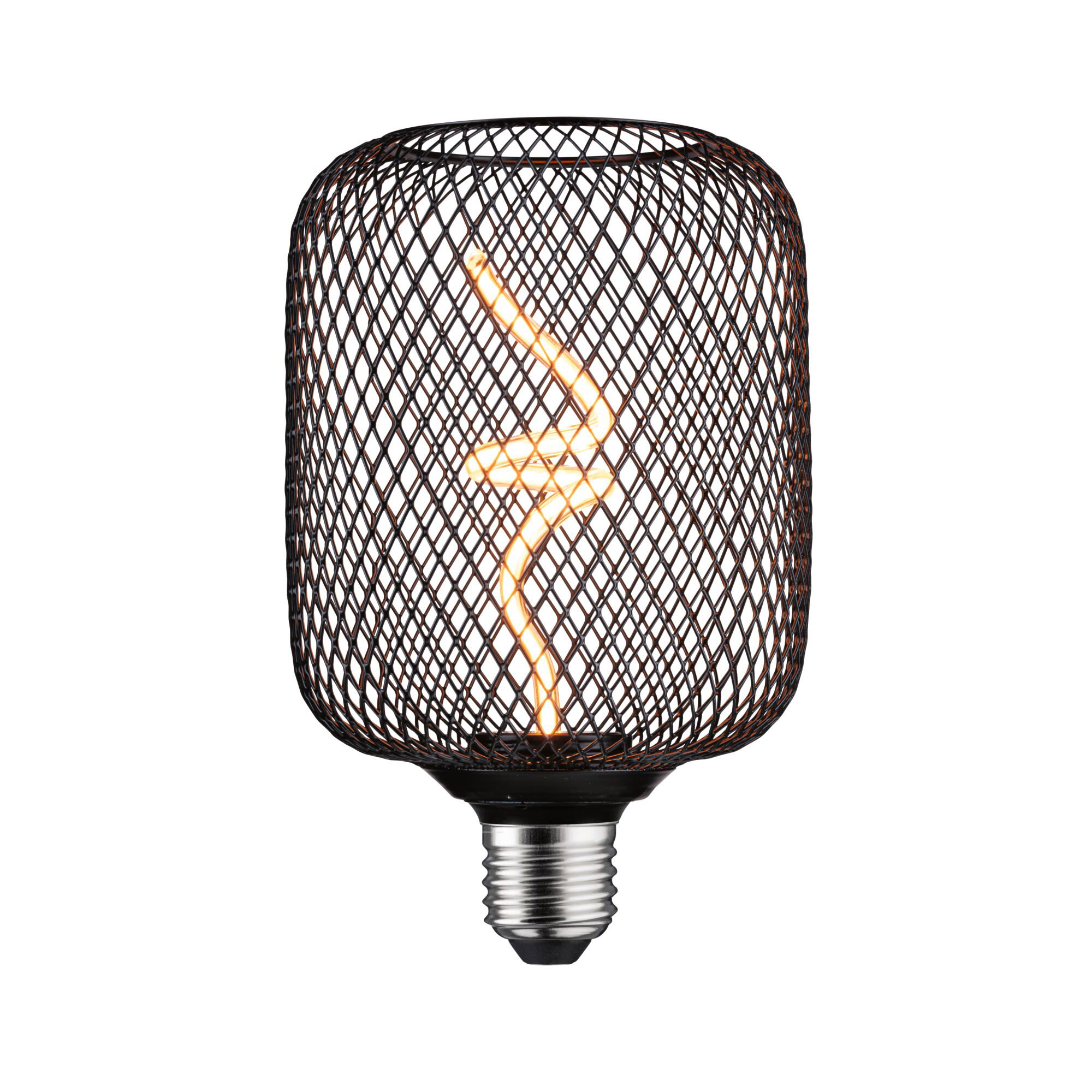 Żarówka z klatką z siatki drucianej i widocznym żarnikiem.
