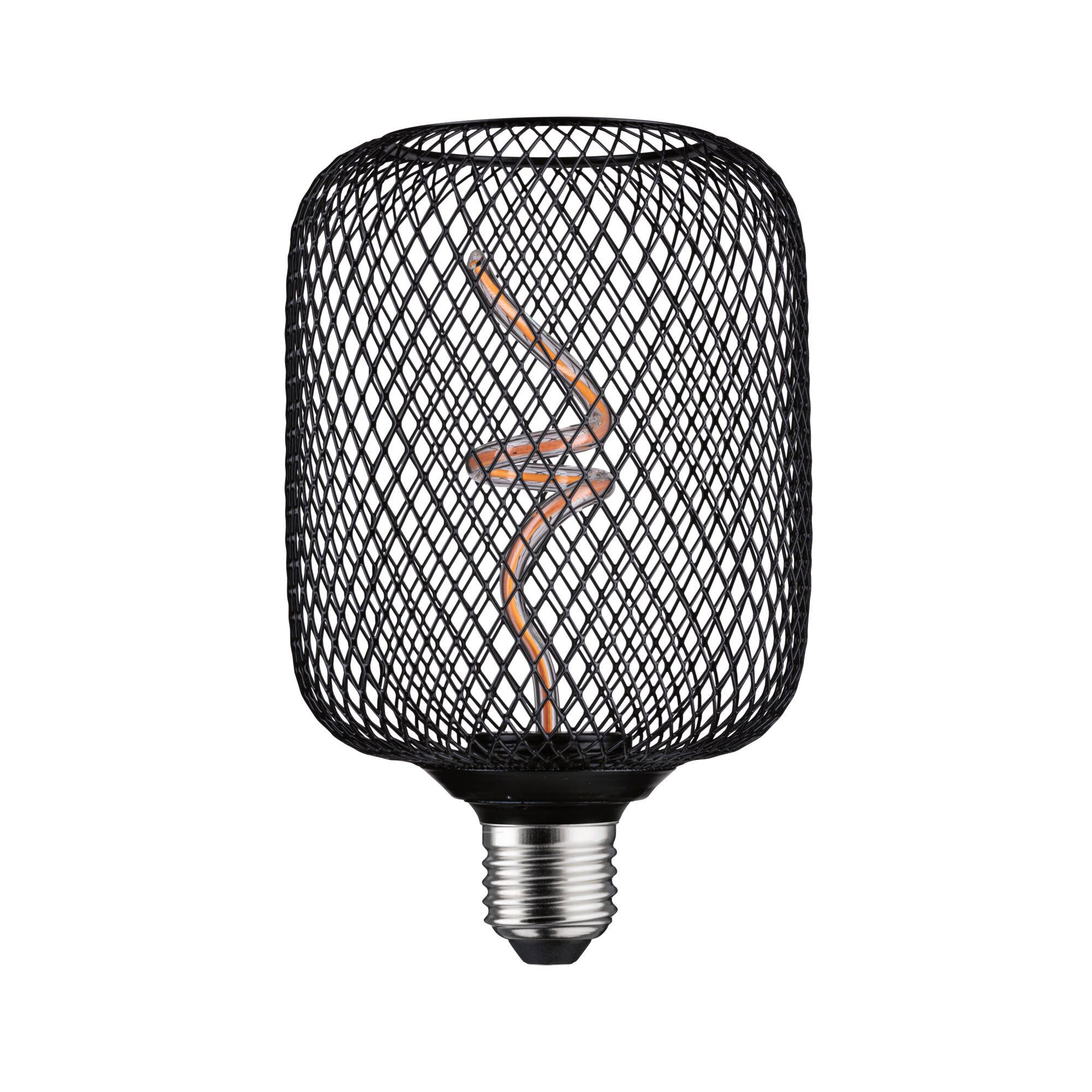 Czarna lampa z drucianej klatki ze skręconym żarnikiem wewnątrz, srebrna podstawa.