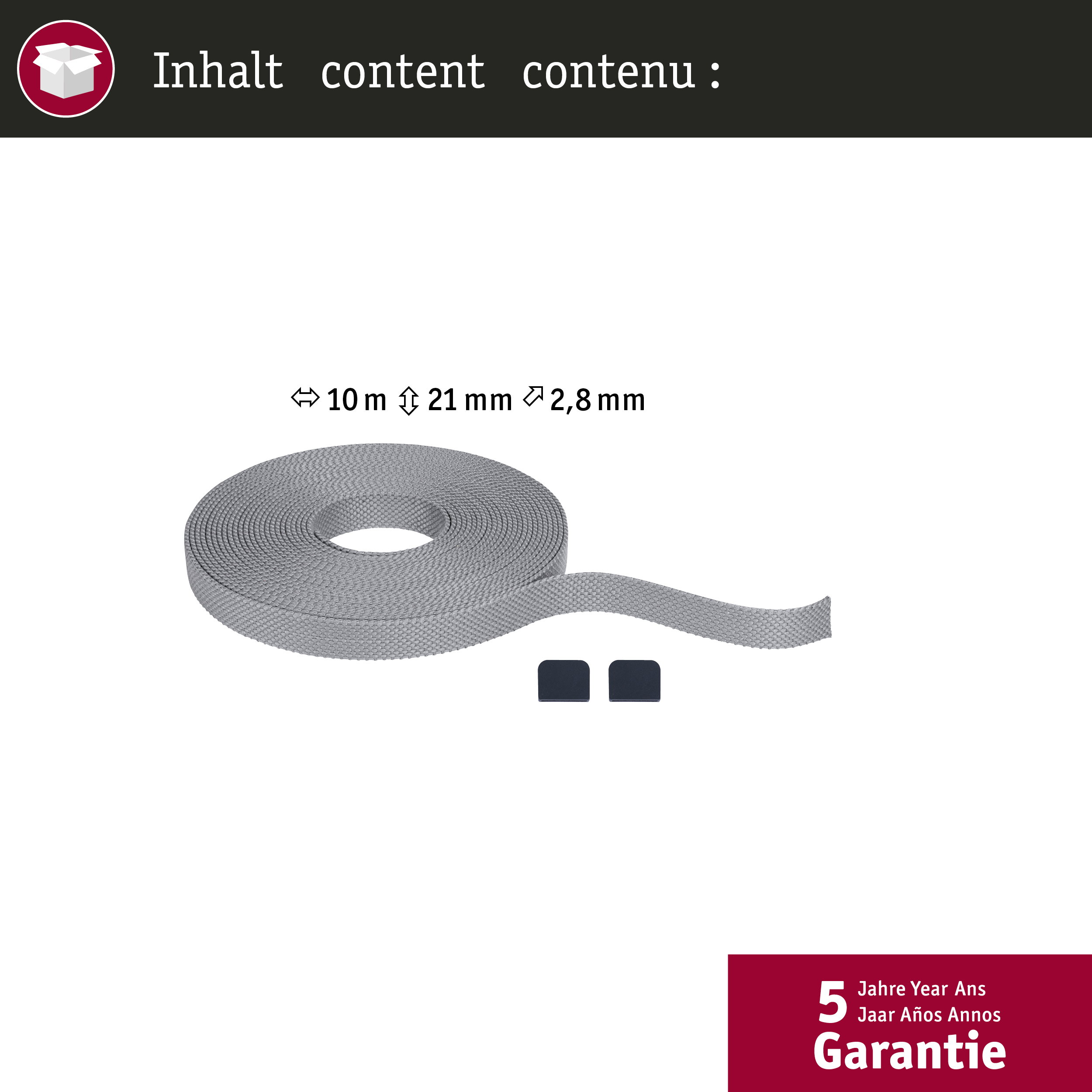 Graues Gurtband auf Rolle, 10m lang, 21mm breit, 2,8mm dick. Mit 2 schwarzen Endkappen.