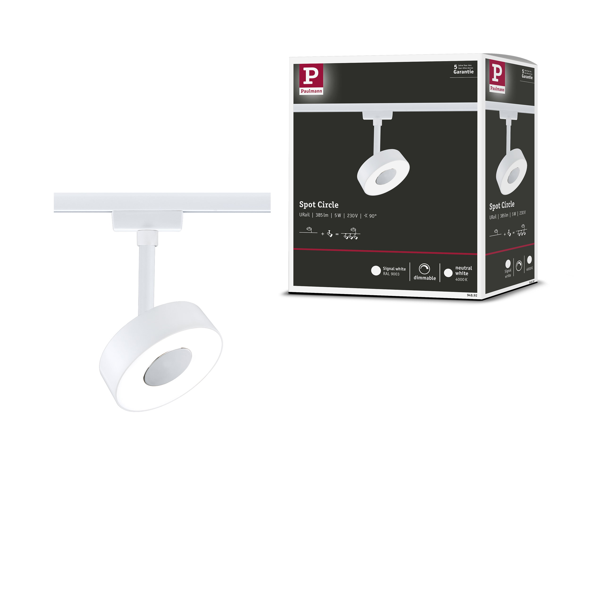 Biały spot Paulmann Spot Circle na szynie, obok opakowania.