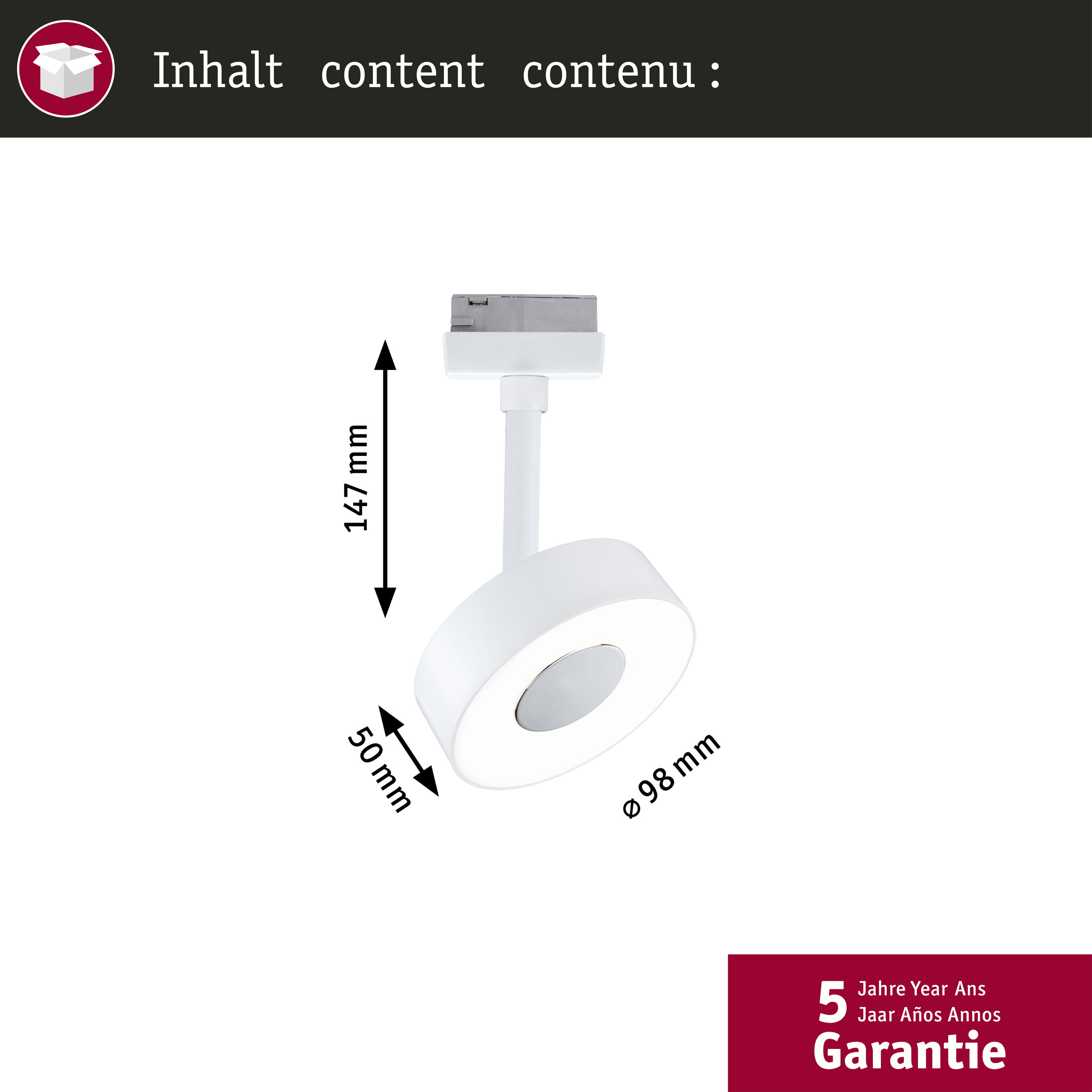 Biała lampa z wymiarami: 147 mm W, 50 mm S, 98 mm średn.