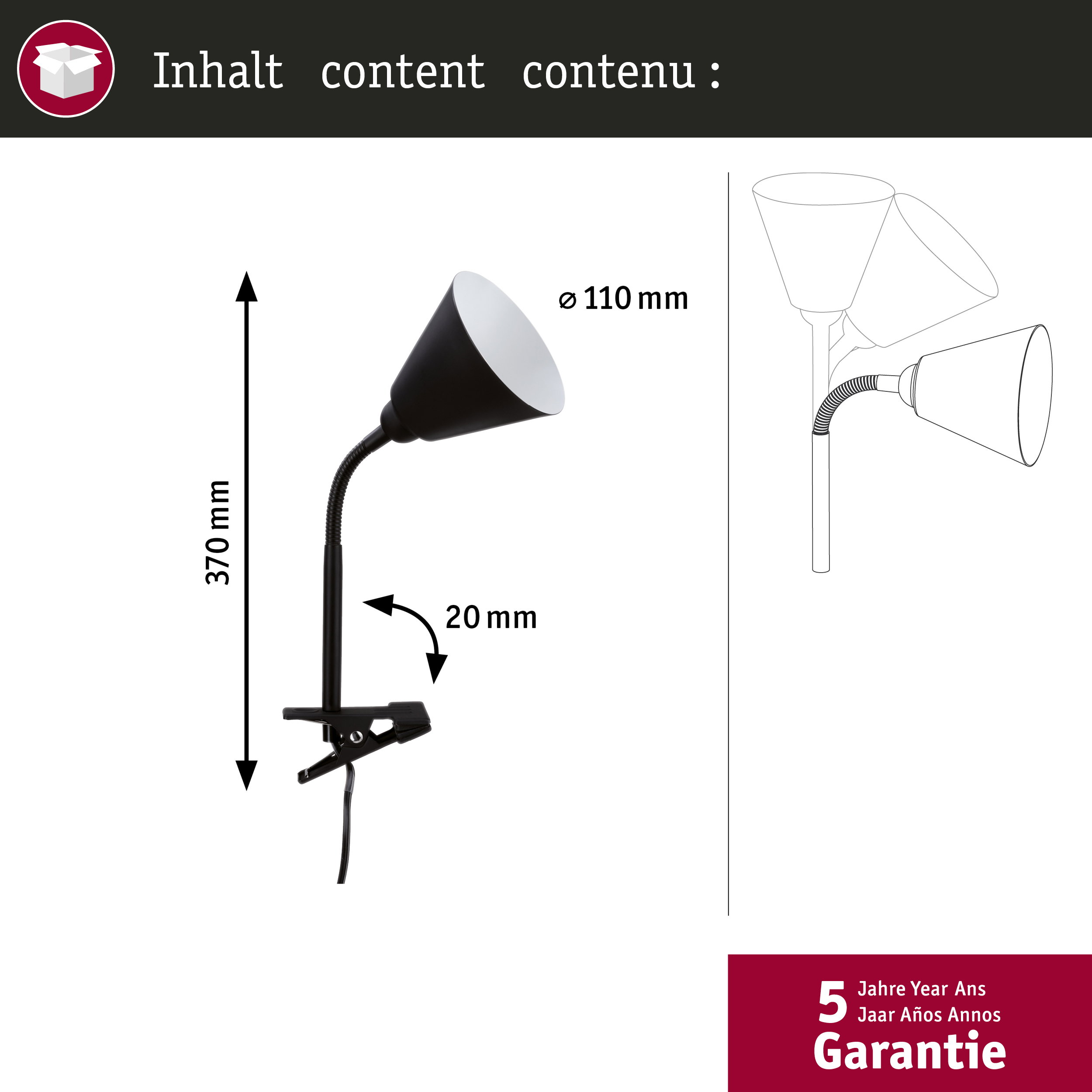 Czarna lampka zaciskowa z elastycznym ramieniem, 370mm wys., 110mm średnica klosza.