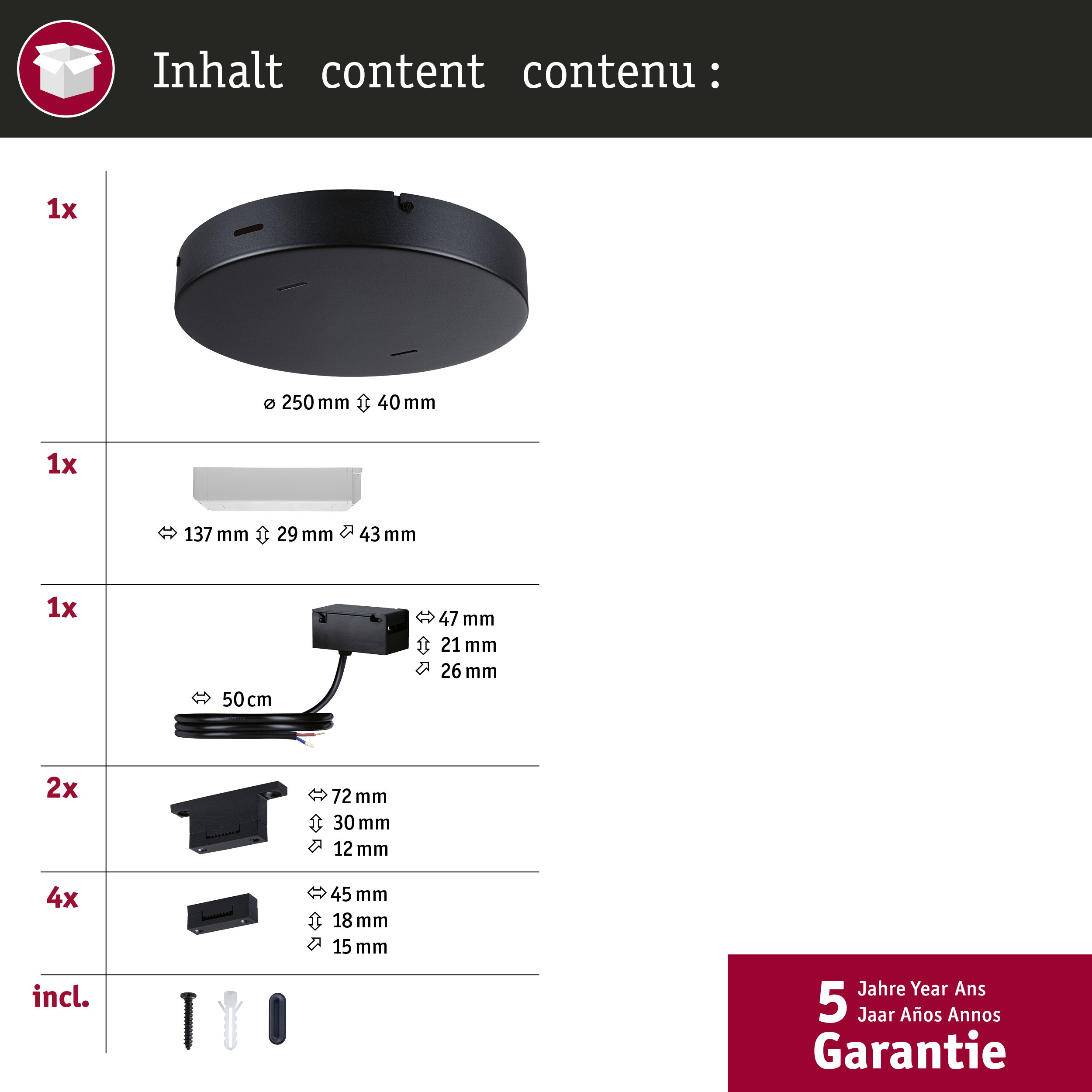 Zawartość produktu: czarny uchwyt sufitowy, biały kabel, czarna skrzynka sterująca, 2 wsporniki, 4 małe czarne bloki, śruba, kołek, zaślepka.