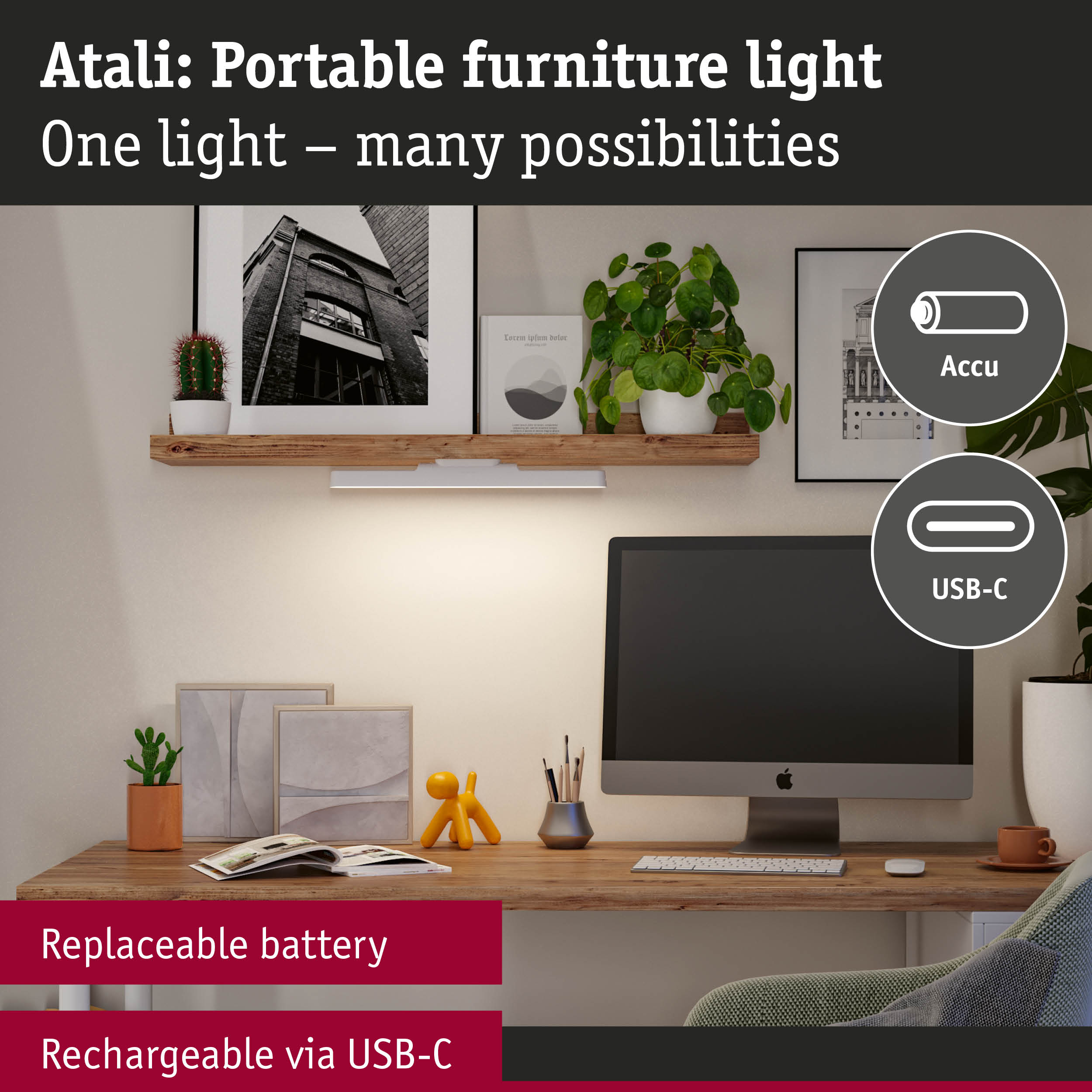 Ein Schreibtisch mit Monitor, Tastatur und Lampe. Akku- und USB-C-Symbole.